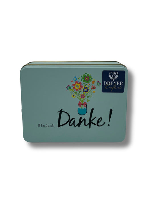 Präsentdose „Einfach Danke“ – stilvolle Pralinenmischung mit Alkohol von der Confiserie Rabbel als hochwertiges Geschenk.