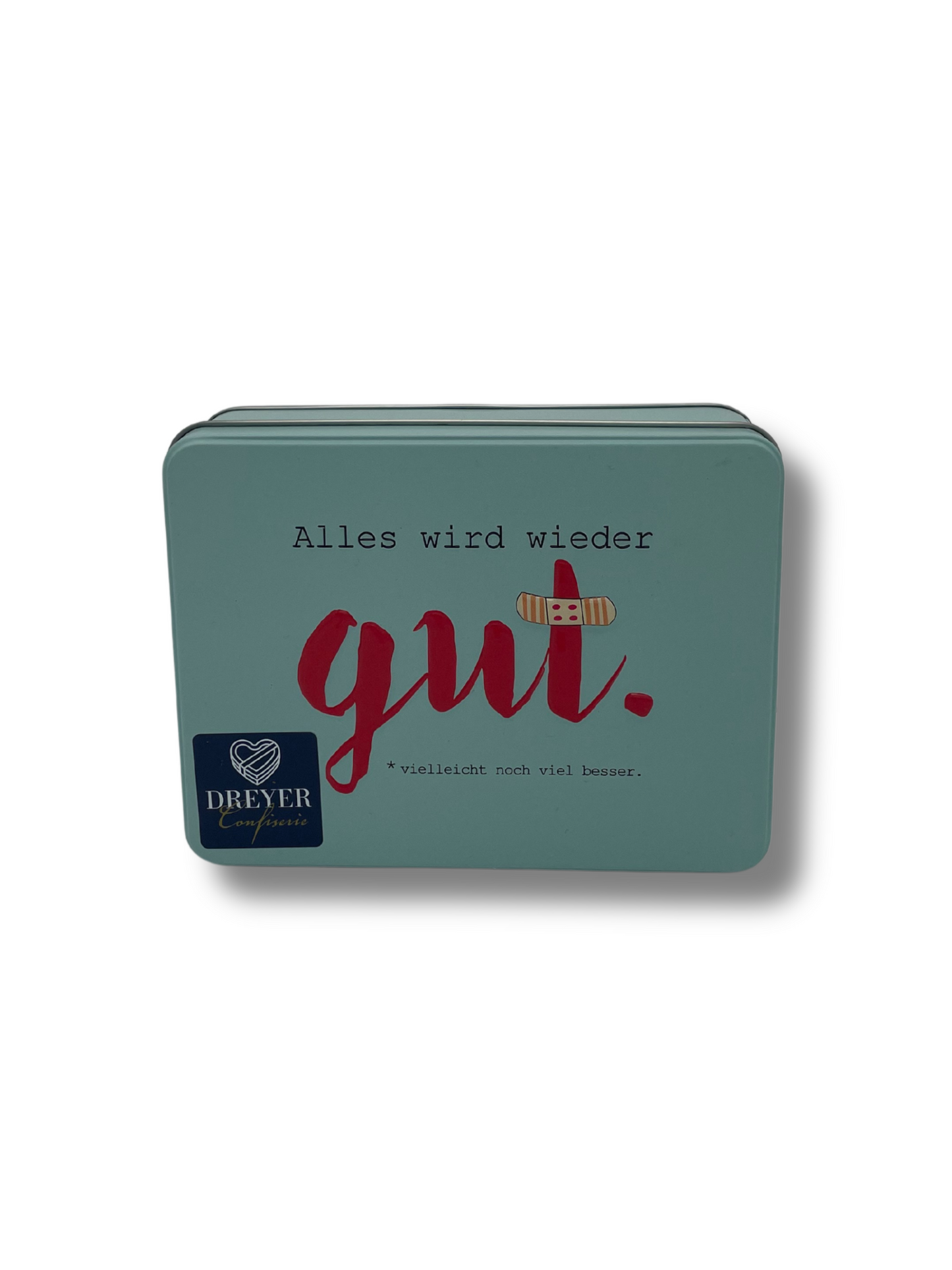 Präsentdose „Alles wird wieder gut“ mit handgefertigten Pralinen und Trüffeln mit Alkohol – von der Confiserie Rabbel, ideal als Trostspender oder liebevolles Geschenk.