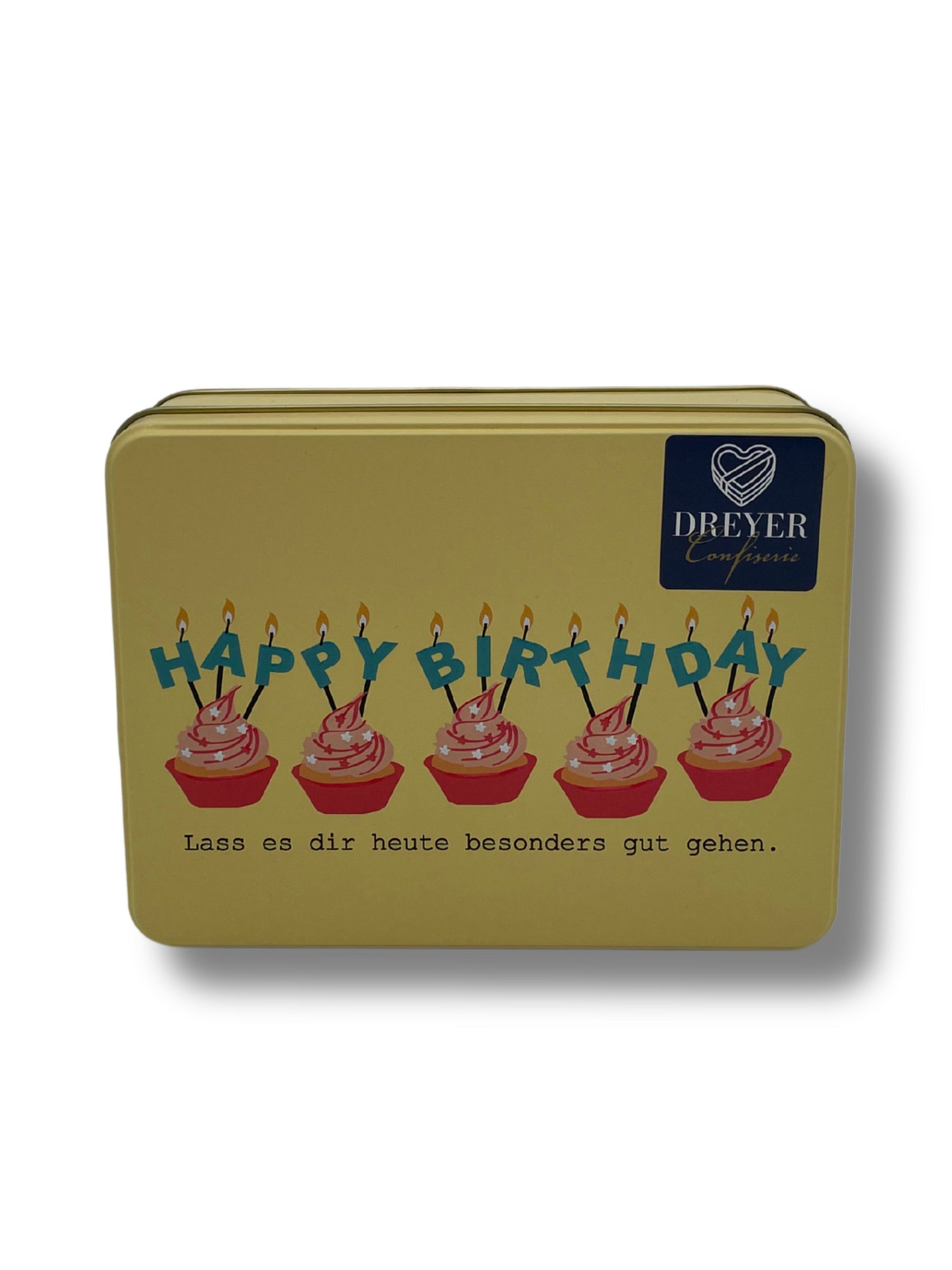 Präsentdose Happy Birthday mit edler Trüffel- und Pralinenauslese mit Alkohol – handgefertigte Geburtstagsmischung von der Confiserie Rabbel mit 10 Sorten in eleganter Geschenkverpackung.