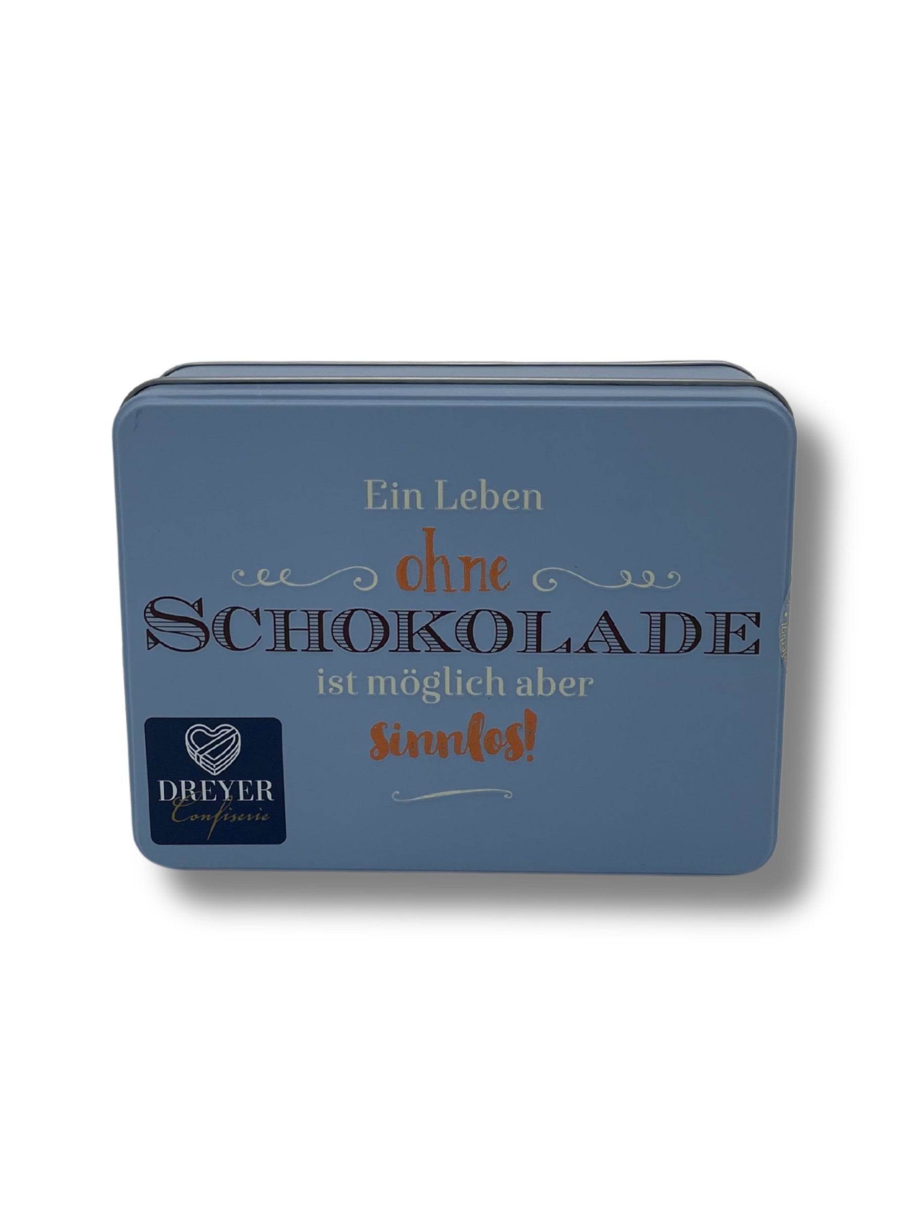 Präsentdose „Ein Leben ohne Schokolade ist möglich, aber sinnlos!“ mit handgefertigten Trüffeln und Pralinen mit Alkohol – exklusive Geschenkidee von der Confiserie Rabbel bei Dreyer Confiserie