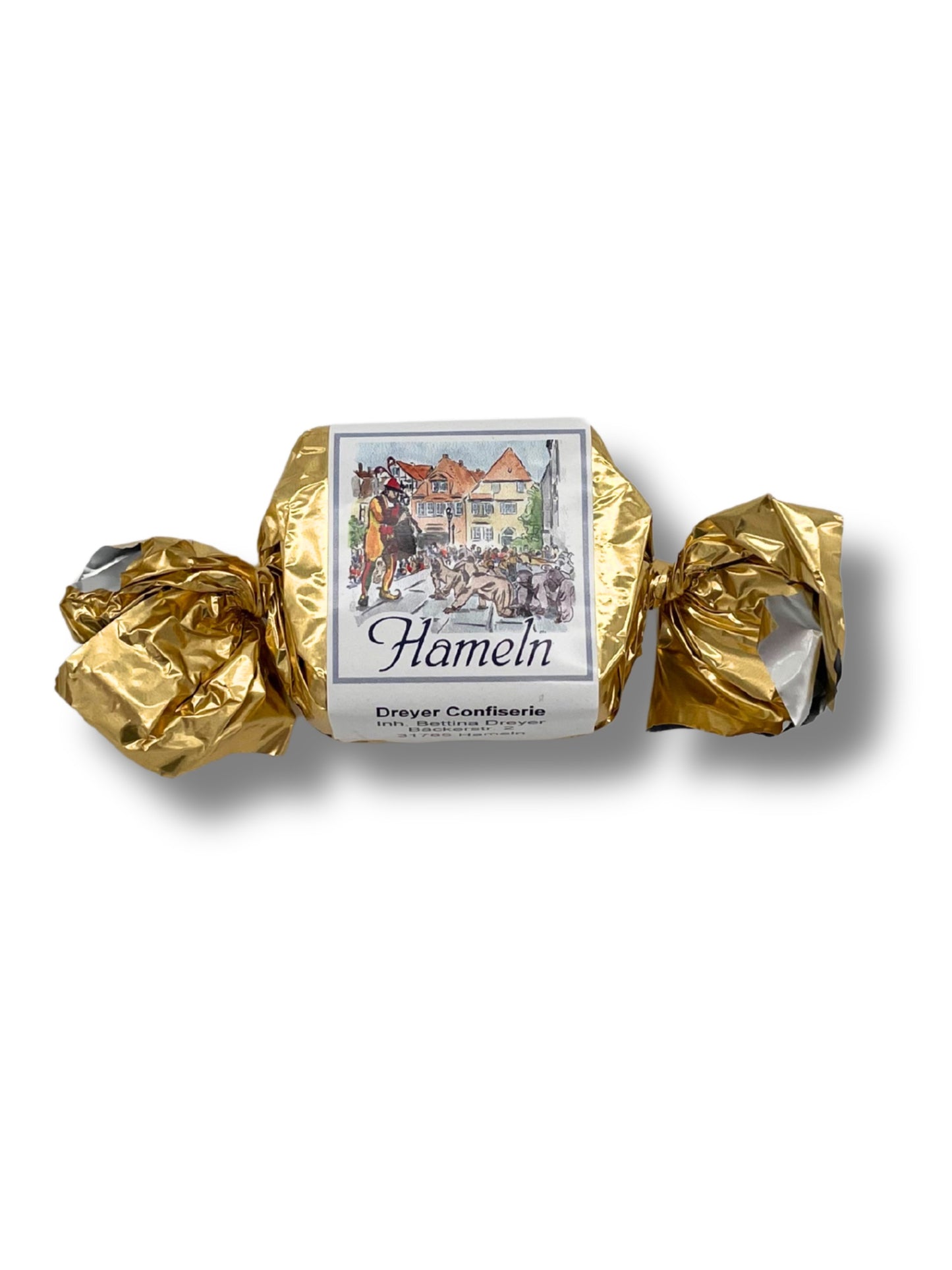 Städtehappen Rattenfänger Hameln Gold – Edle Praline mit Marzipan von Dreyer Confiserie.