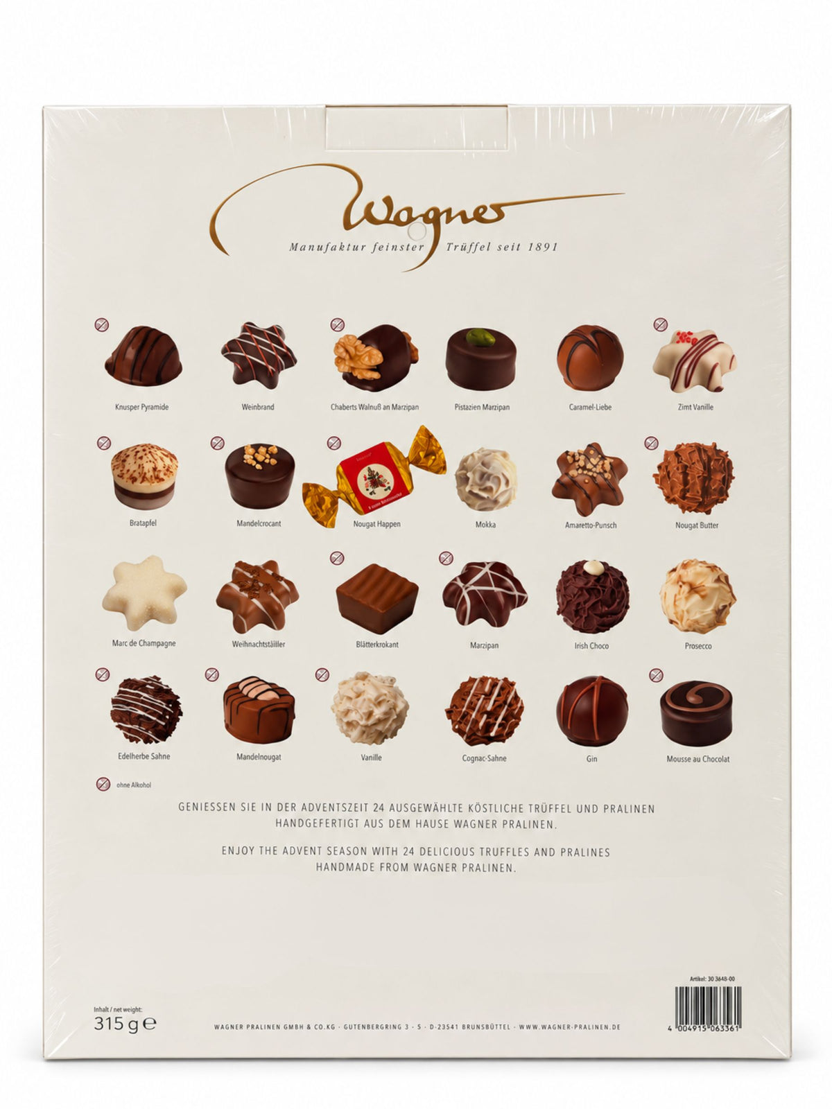 Rückseite des Pralinen Adventskalenders Winterlandschaft 315g von Wagner Pralinen mit 24 Pralinensorten, Zutaten, Allergenhinweisen und Nährwertangaben
