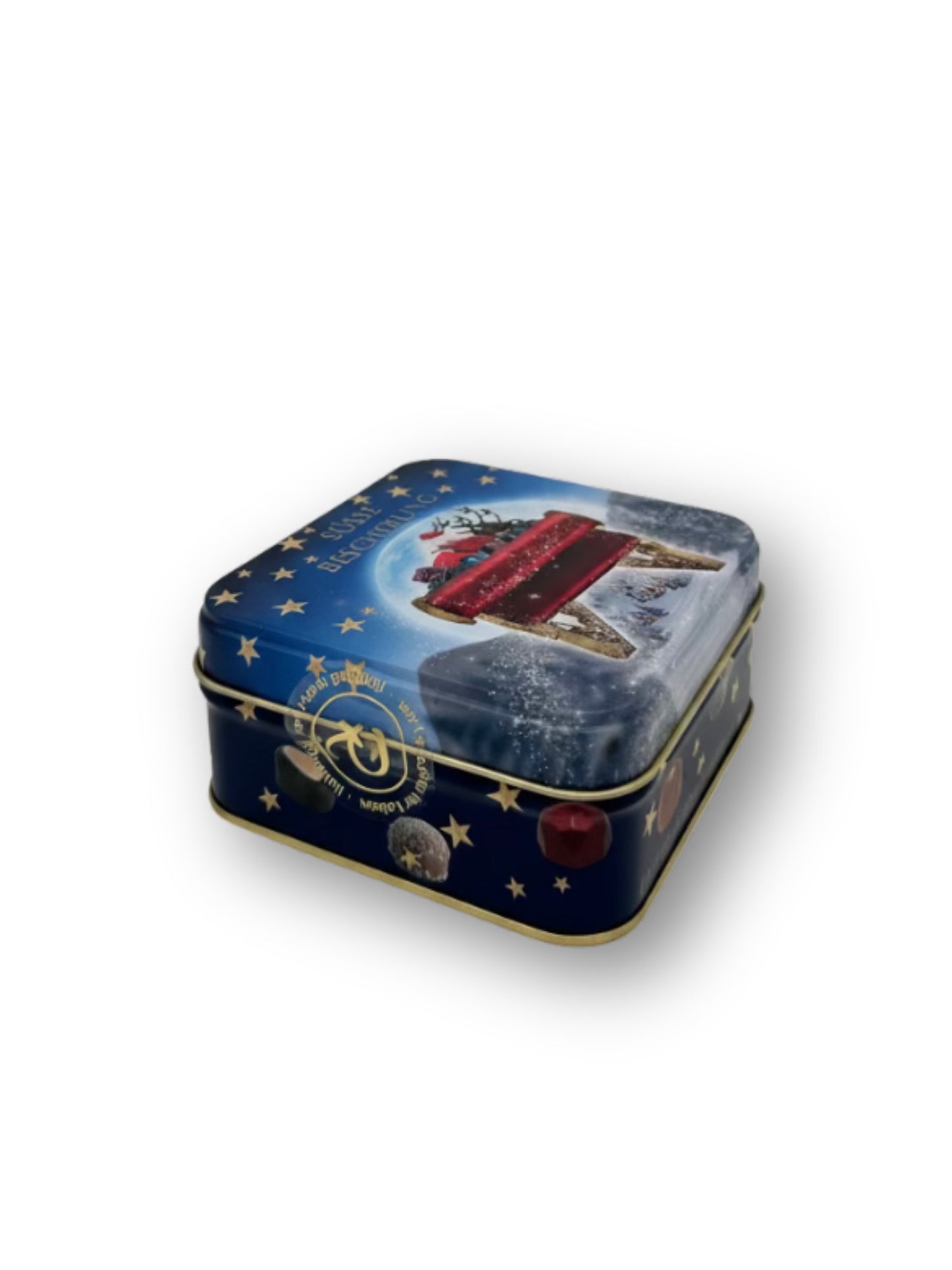 Präsentdose „Süße Bescherung“ 50 g – festlich verpackte Pralinendose mit Weihnachtsmotiv, ideal als Geschenk, erhältlich bei der Dreyer Confiserie in Hameln.