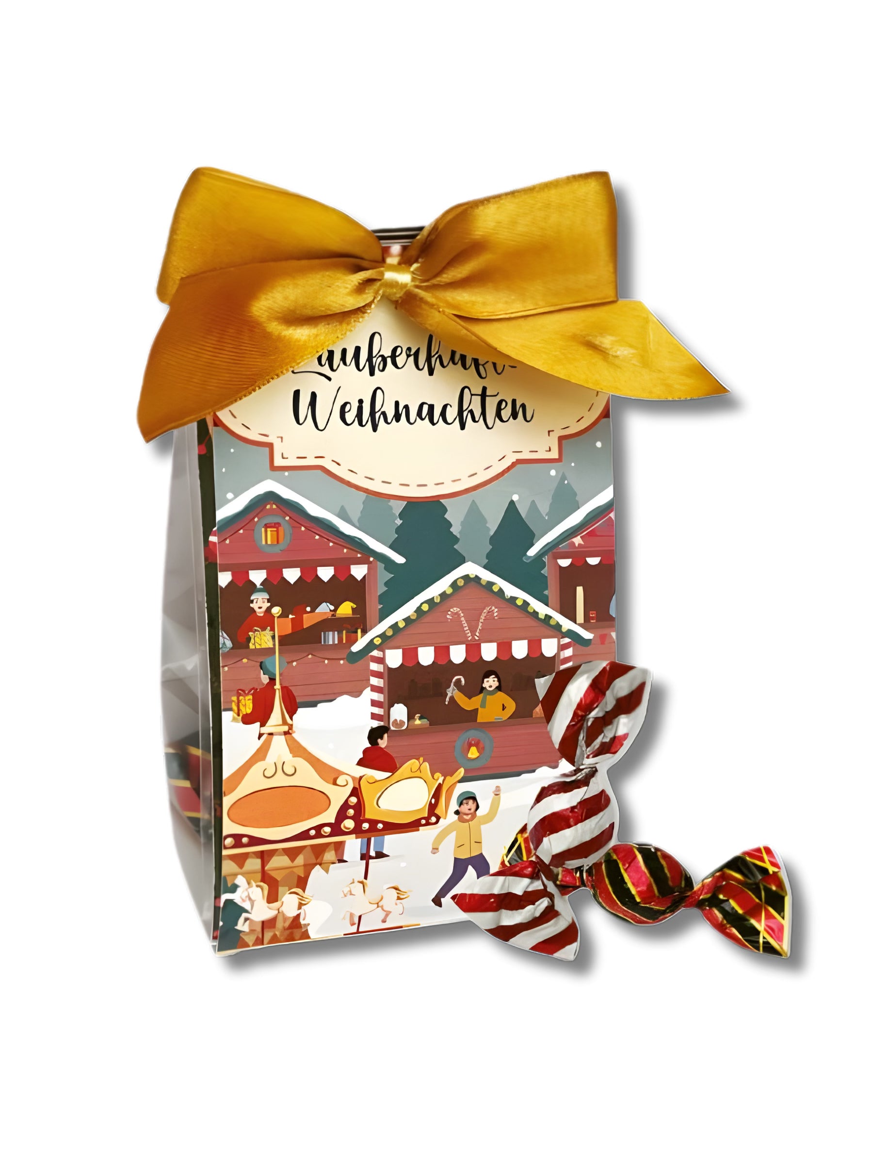 Präsentpackung „Adventsmarkt“ 75 g – handgefertigte Pralinenmischung in nostalgischer Geschenkverpackung mit Weihnachtsmarkt-Motiv, erhältlich bei der Dreyer Confiserie in Hameln.