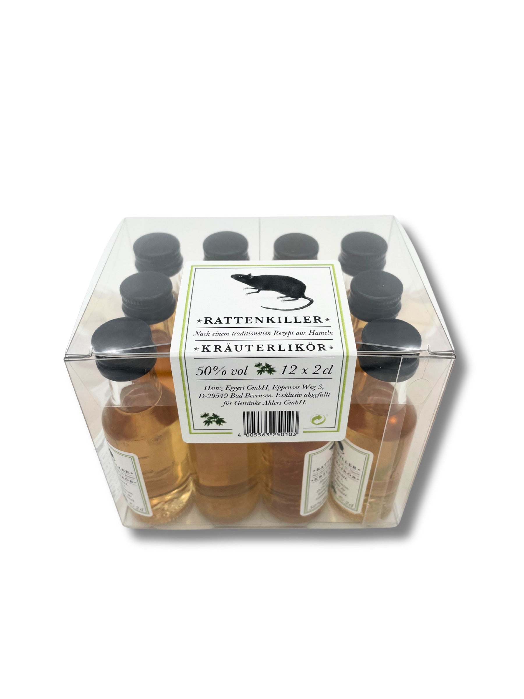 Rattenkiller-Würfel mit 12 Mini-Fläschchen Kräuterlikör – stark & würzig aus Hameln.