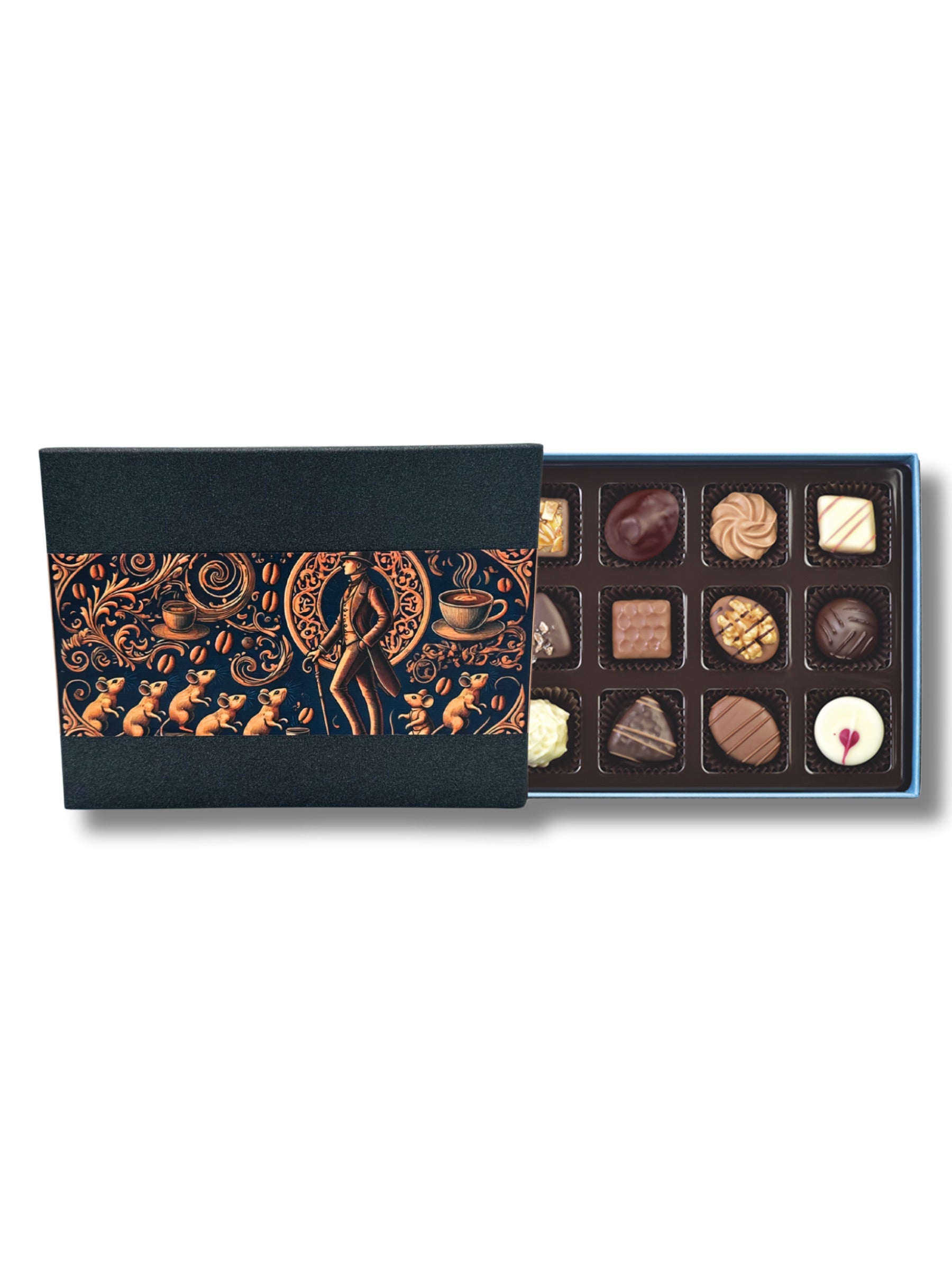 Edle Pralinenbox mit Rattenfänger von Hameln – 12 alkoholfreie Sorten von Lauenstein Confiserie.