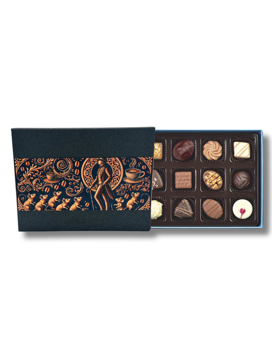 Edle Pralinenbox mit Rattenfänger von Hameln – 12 alkoholfreie Sorten von Lauenstein Confiserie.