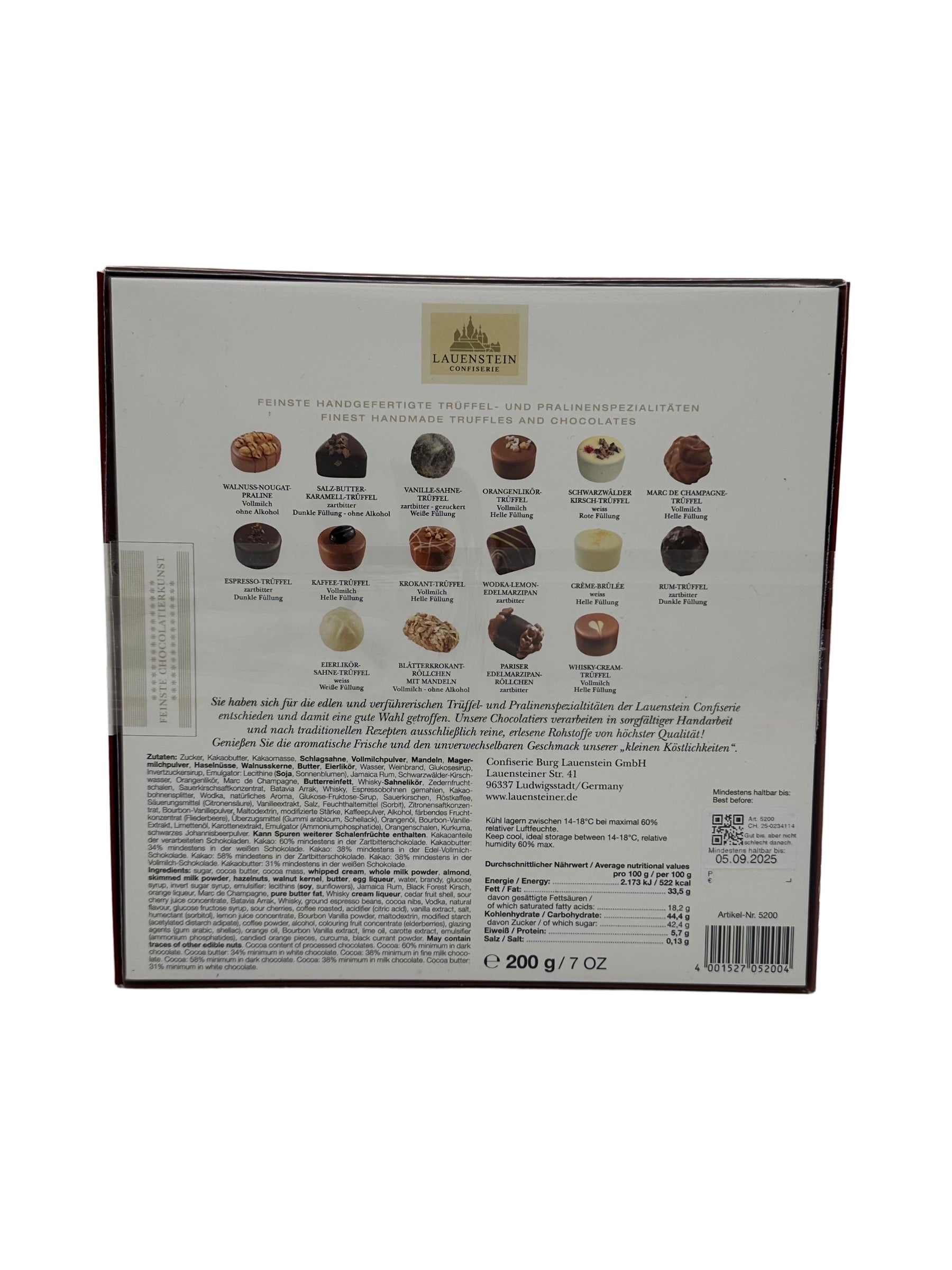 Rattenfänger Trüffel-Auslese mit Alkohol – Einzelaufnahme der hochwertigen Pralinen aus Hameln.