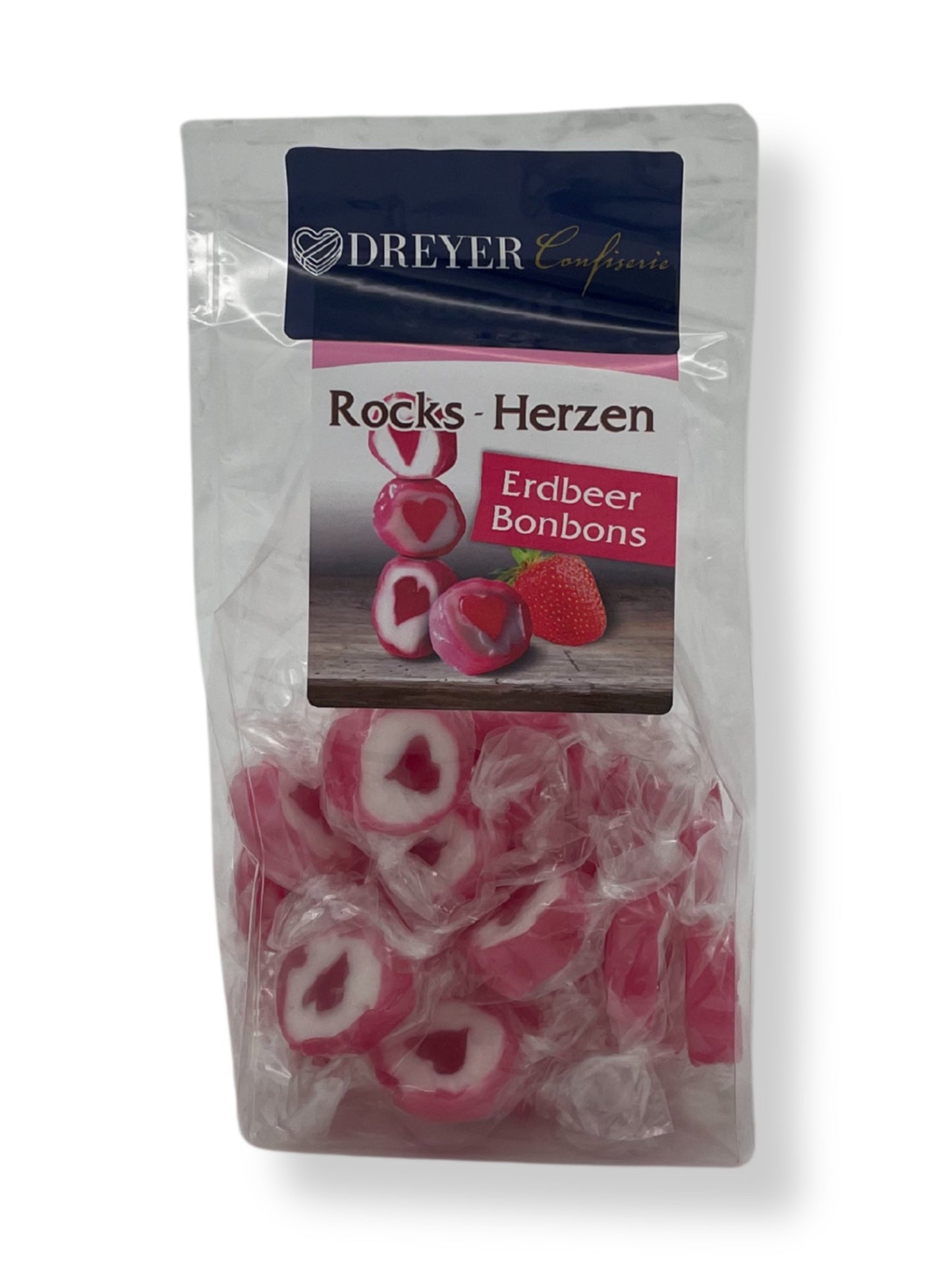 Handgemachte Rocks Herzen Bonbons mit fruchtigem Erdbeergeschmack in Herzform – 125g Beutel.