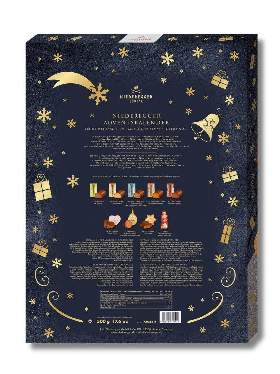 Rückseite und Inhalt Niederegger Adventskalender Nougat 500 g – Adventskalender mit 38 Nougat-Pralinen in Vollmilch-Schokolade, erhältlich in der Dreyer Confiserie in der Rattenfängerstadt Hameln.