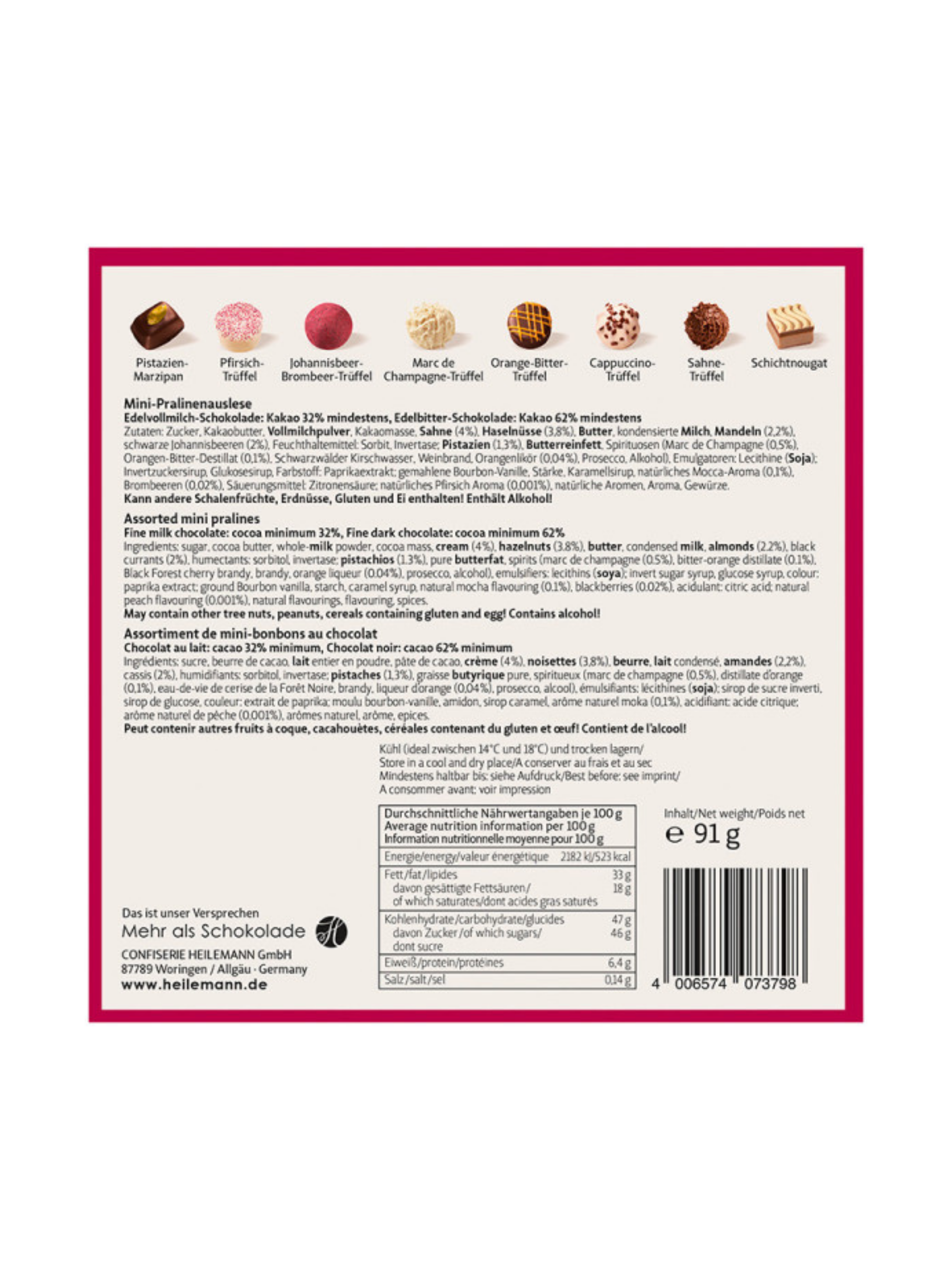 Rückseite und Inhaltstoffe von Mini Pralinés „Merry Christmas“ 91 g – festliche Geschenkverpackung mit edlen Pralinés und Etikett „Winter in der Rattenfängerstadt“, erhältlich in der Dreyer Confiserie in Hameln.