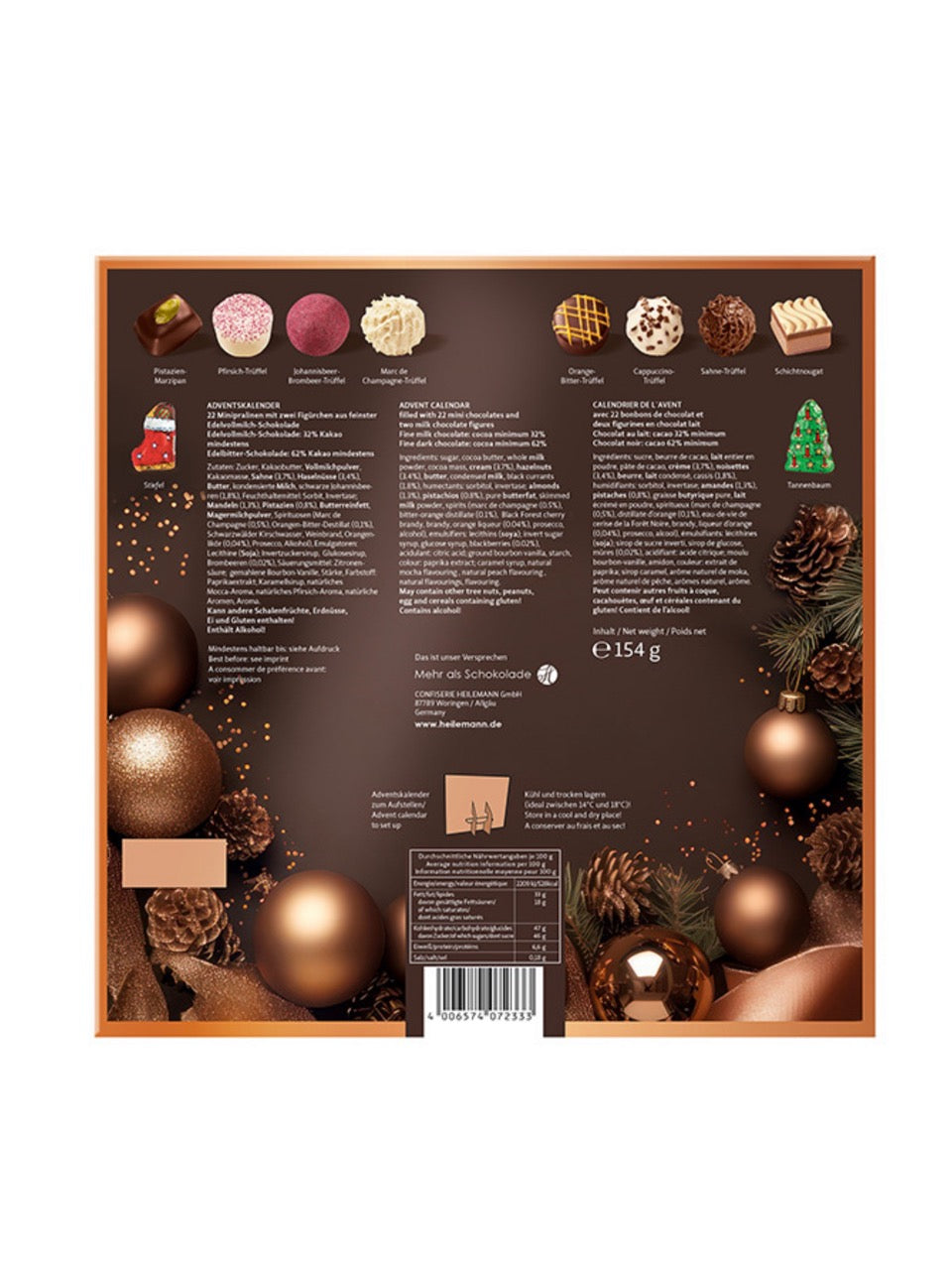 Rückseite und Inhalte von Tisch-Adventskalender Mini-Pralinen 154 g – eleganter Adventskalender mit 24 Mini-Pralinen und zwei Schokoladenfiguren aus Edelvollmilch-Schokolade.