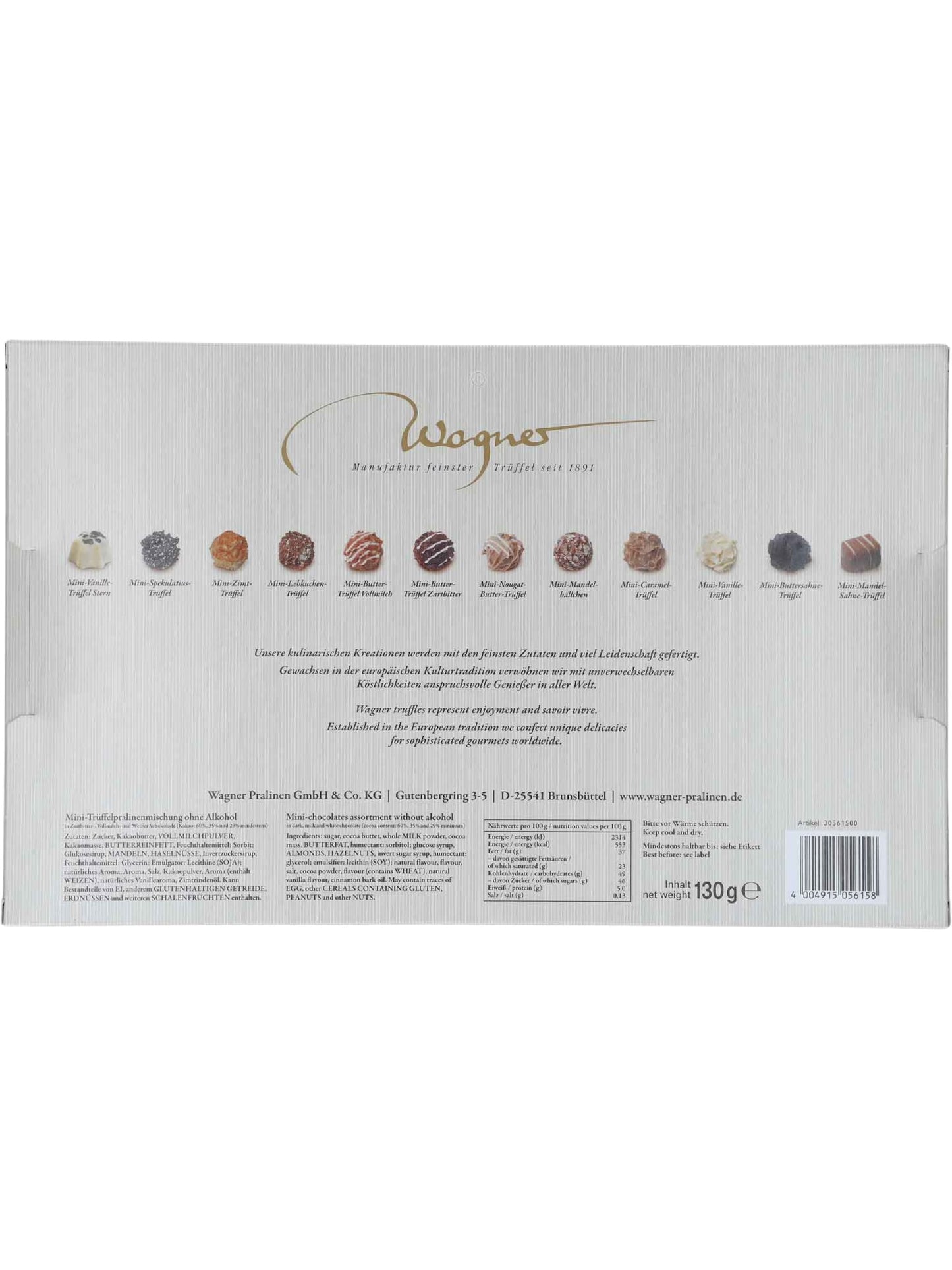 Rueckseite und Inhalt von Wagner Pralinen Adventskalender „Weihnachtsexpress“ 130 g.