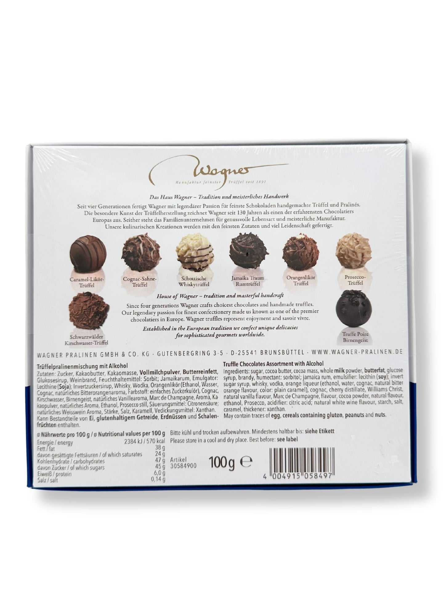 Rückseite und Abbildung der enthaltenen Trüffel von Wagner Trüffelpralinés „Frohe Weihnachten“ 100g Kassik.