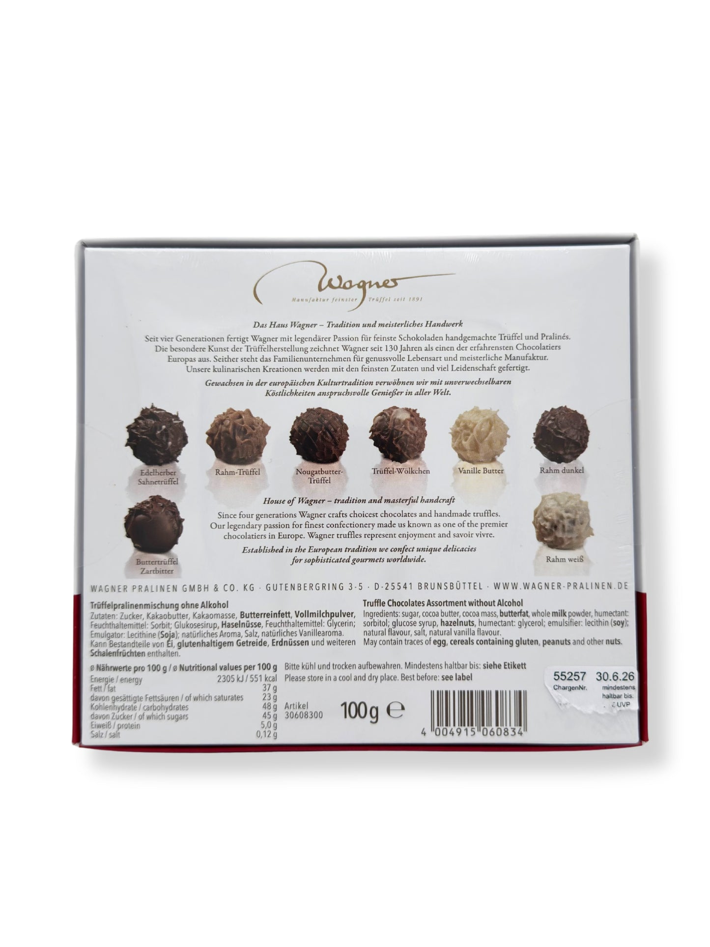 Rückseite und Inhalt von Wagner Trüffelpralinés Harmonie Merry Christmas Bulli 100 g, handgefertigte alkoholfreie Pralinenmischung in edler Geschenkbox mit VW-Bulli-Weihnachtsmotiv, erhältlich in der Dreyer Confiserie in der Rattenfängerstadt Hameln.