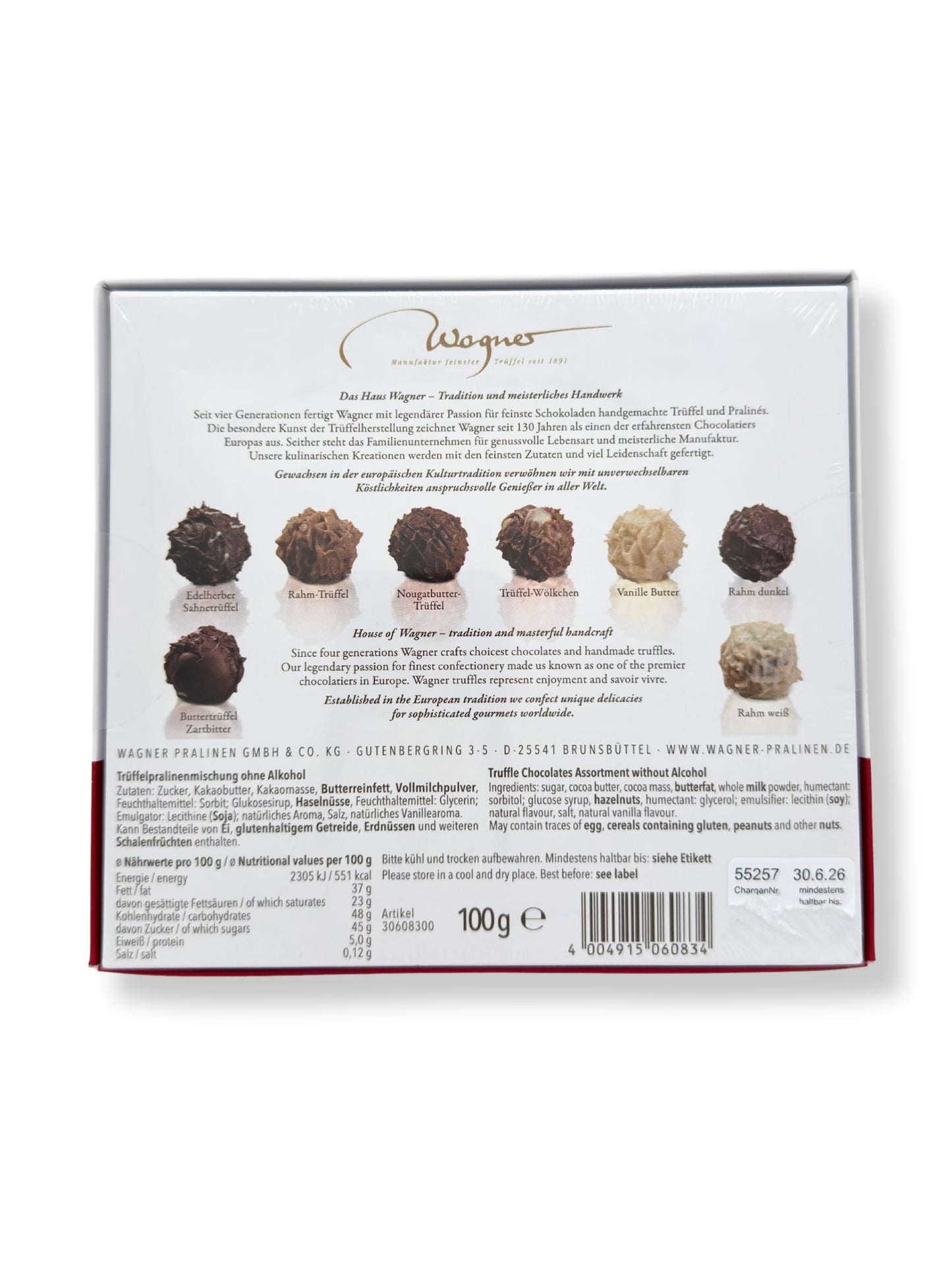 Rueckseite und Inhalte von Wagner Trüffelpralinés Harmonie „Weihnachtswichtel“ 100 g, handgefertigte alkoholfreie Pralinenmischung in festlicher Geschenkverpackung, erhältlich in der Dreyer Confiserie in der Rattenfängerstadt Hameln.