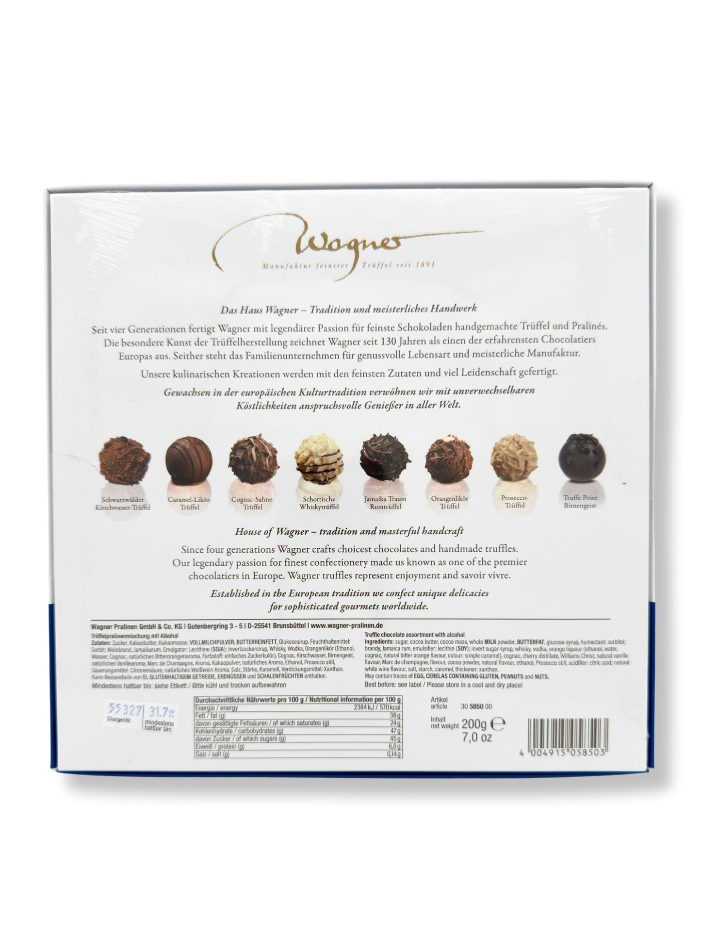 Rückseite und enthaltene Trüffelpralines von Wagner Trüffelpralinés Klassik Frohe Weihnachten 200 g, handgefertigte Pralinenmischung mit feinen Trüffeln und edlen Spirituosen, erhältlich in der Dreyer Confiserie in der Rattenfängerstadt Hameln.