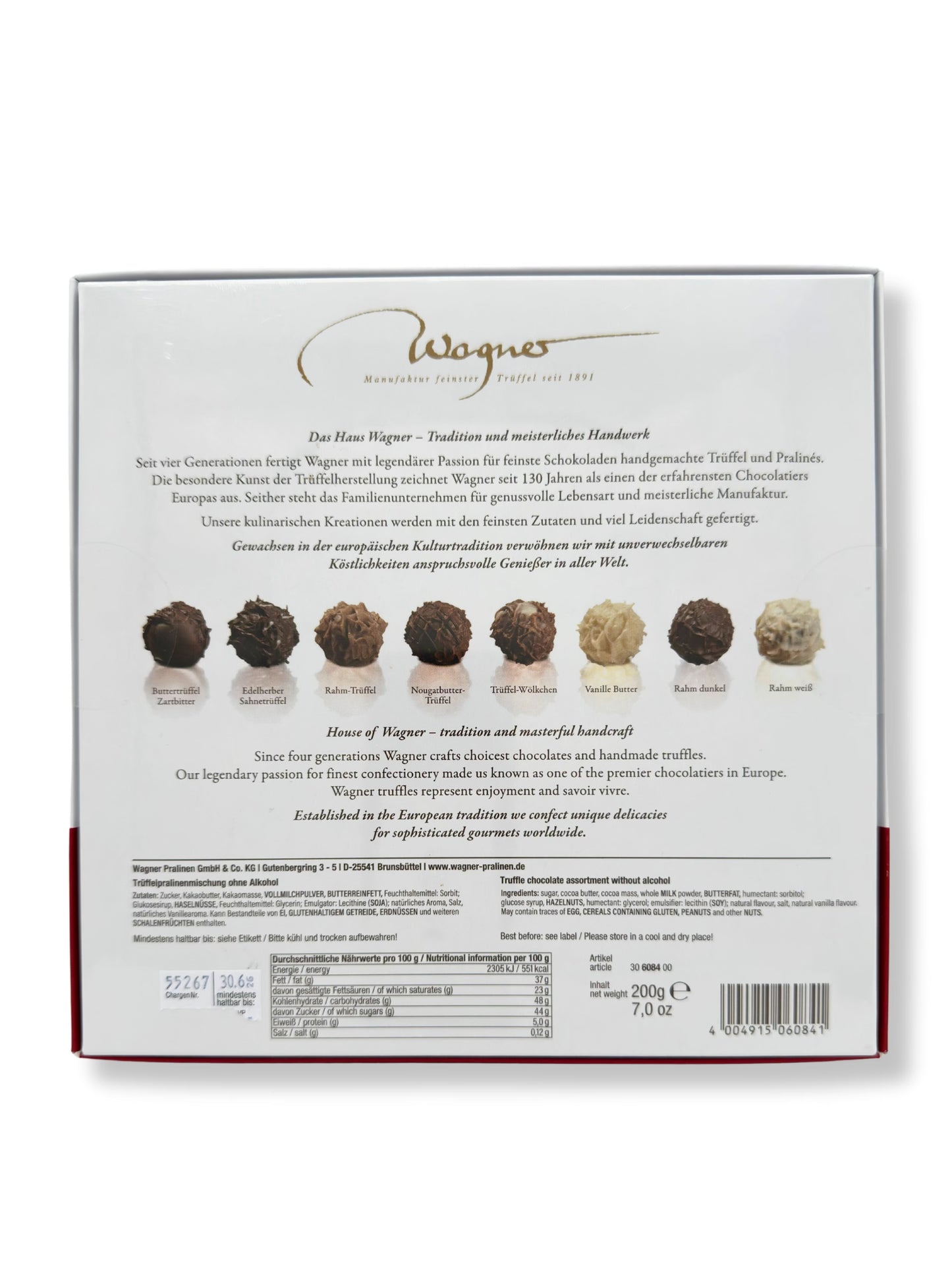 Rückseite von Wagner Trüffelpralinés Merry Christmas Bulli 200 g, handgefertigte alkoholfreie Trüffelpralinen in edler Geschenkbox mit VW-Bulli-Weihnachtsmotiv, erhältlich in der Dreyer Confiserie in der Rattenfängerstadt Hameln.