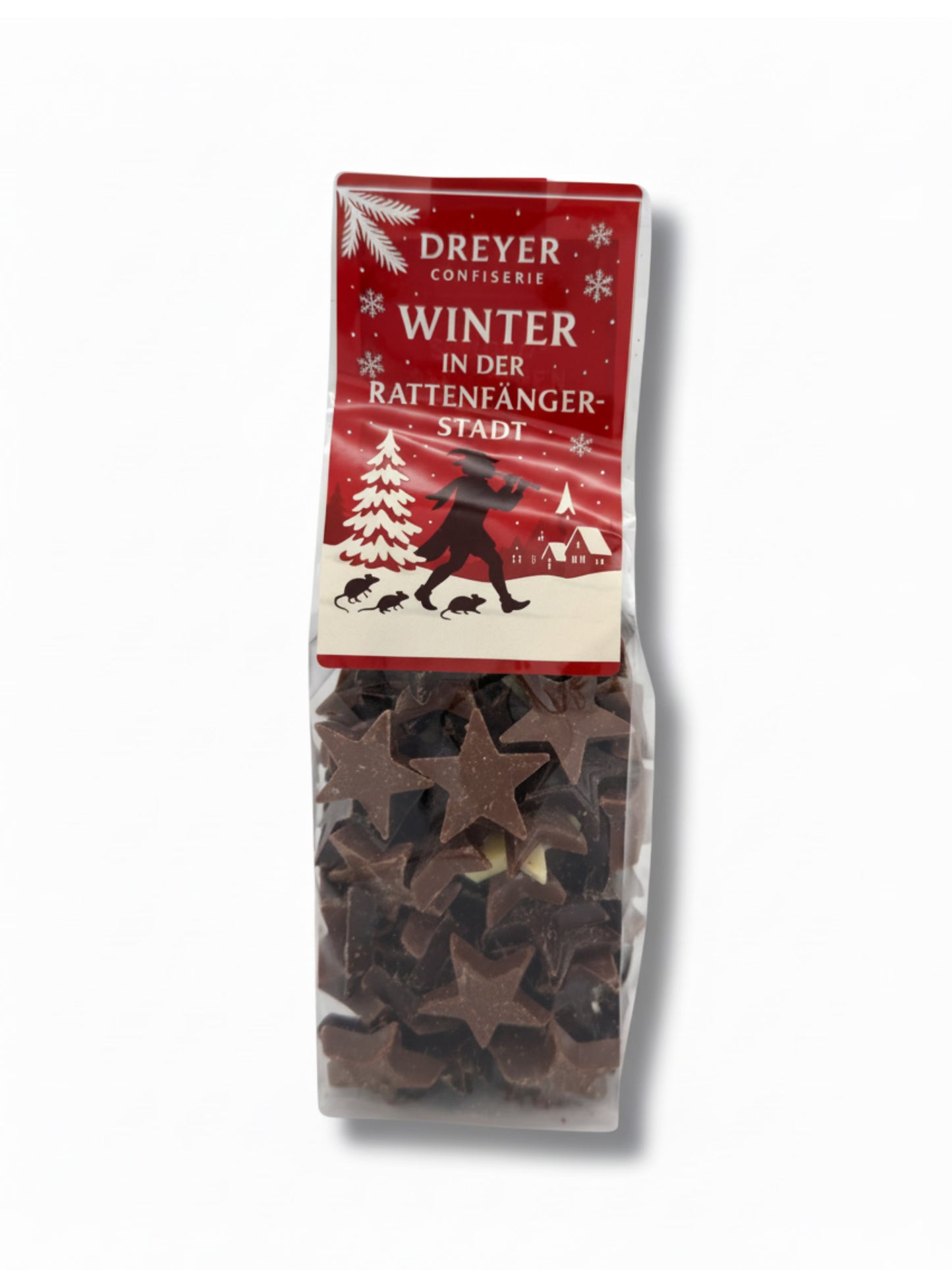 Schokoladen-Sternchen 175 g – feine Mischung aus Vollmilch-, Zartbitter- und Weißer Schokolade in Sternform, handverpackt von der Dreyer Confiserie in der Rattenfängerstadt Hameln.