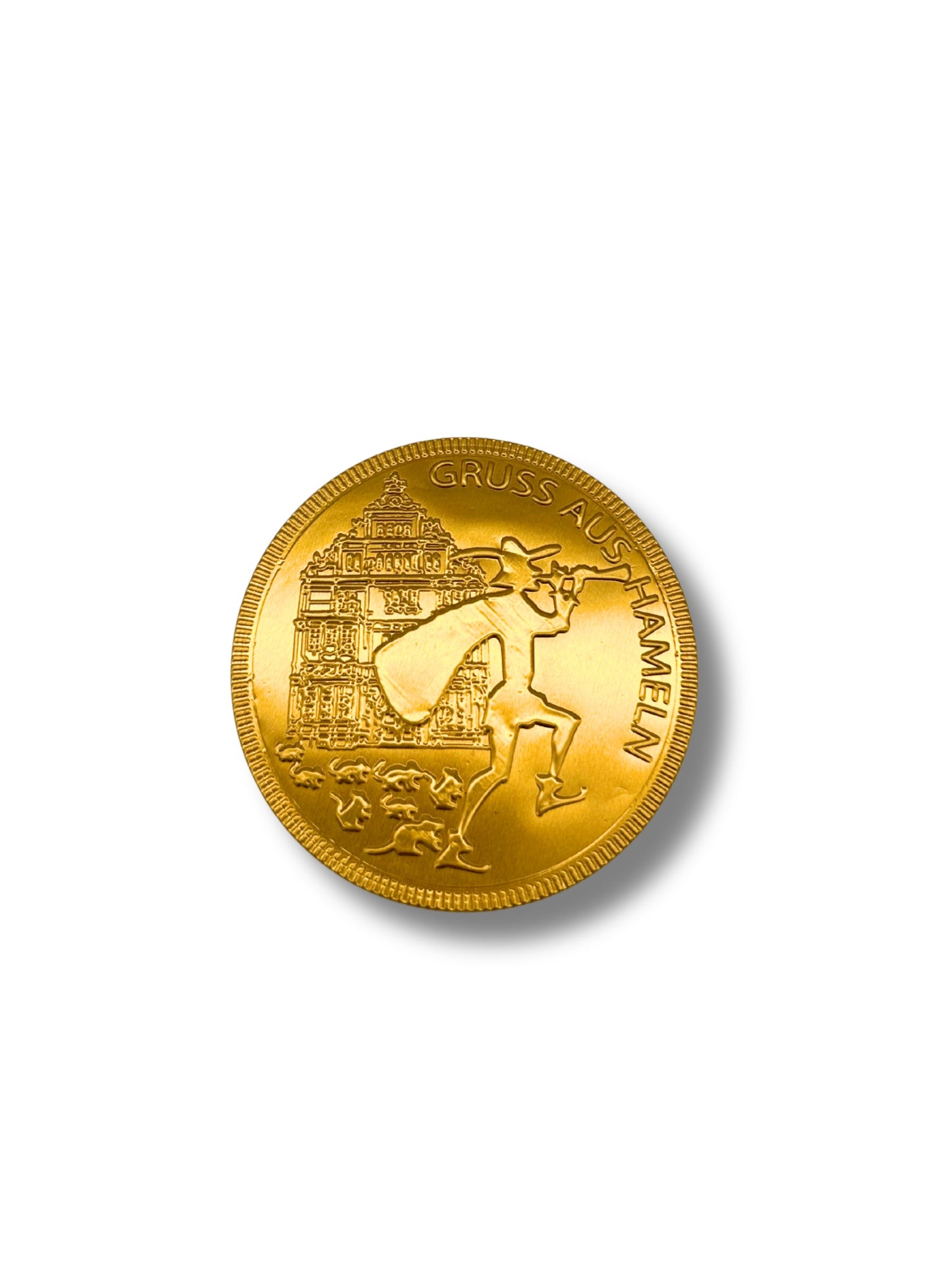 Souvenir Schokoladentaler mit Rattenfänger-Motiv aus der Rattenfänger Stadt Hameln – goldverpackte Vollmilchschokolade.