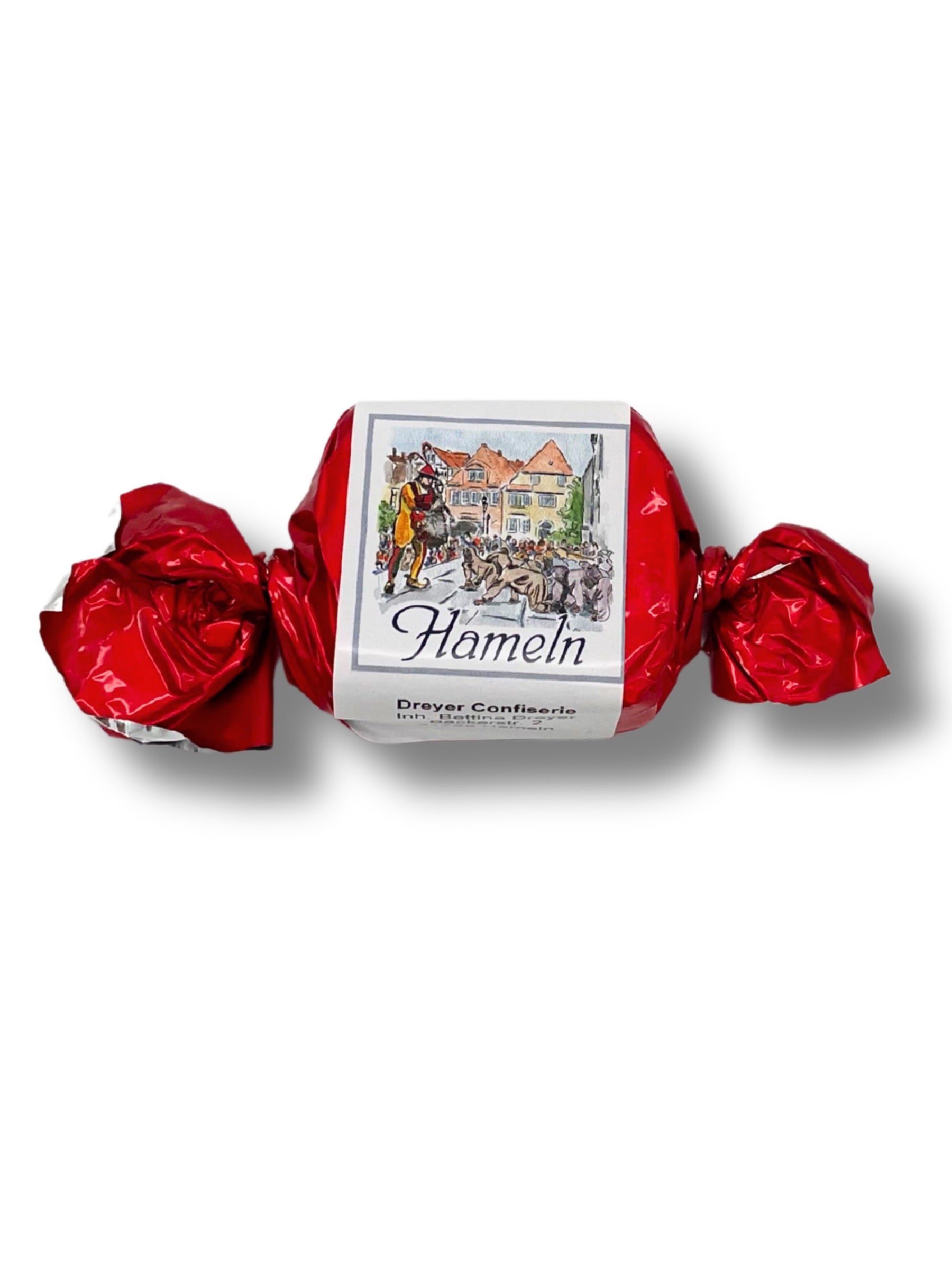 Städtehappen Hameln Rot – Praline mit Marzipan aus der Rattenfängerstadt. Süßes Souvenir aus Hameln mit Zartbitterschokolade.