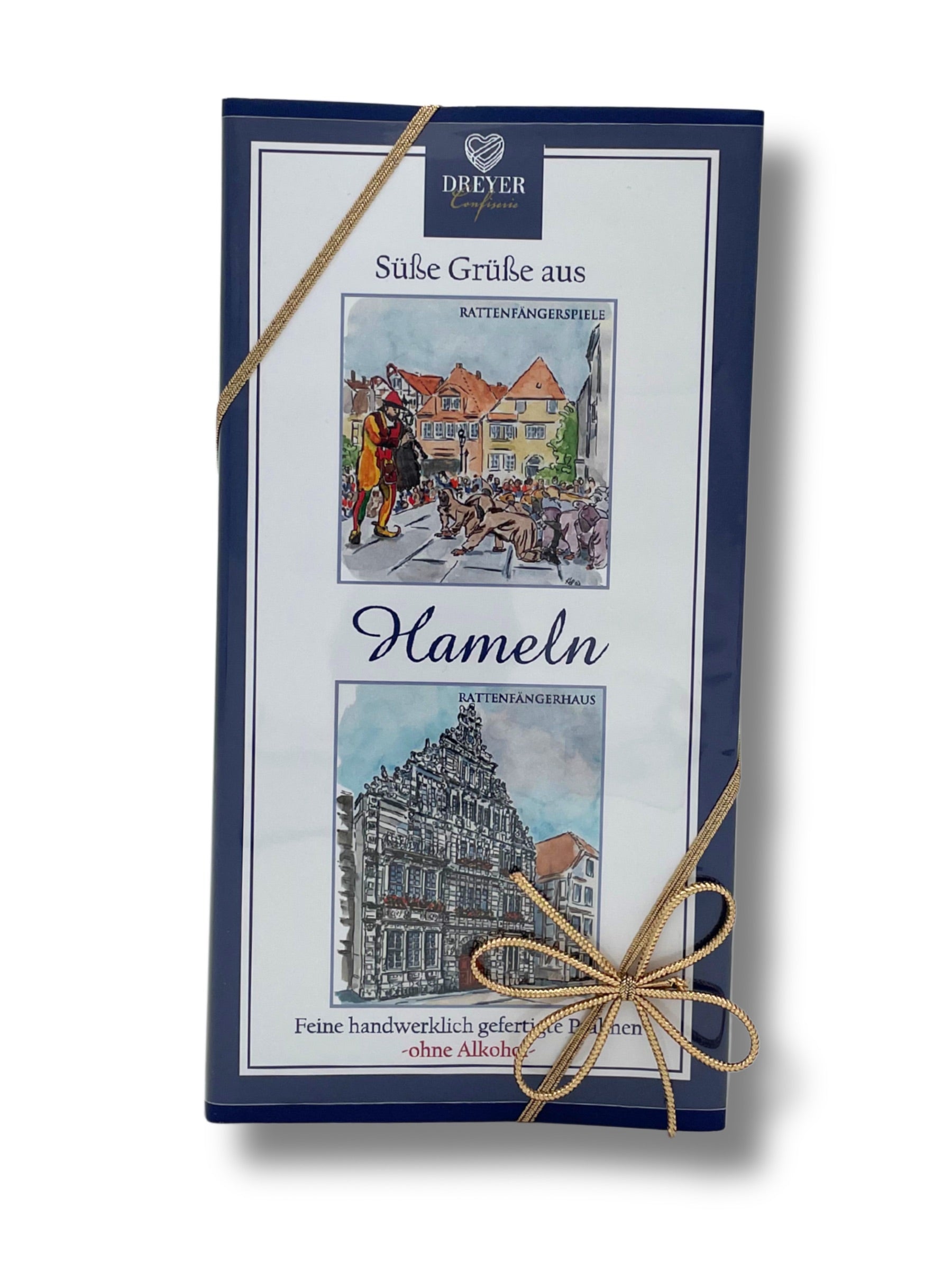 Alkoholfreie Pralinen „Süße Grüße aus Hameln“ – 125g Geschenkbox von Dreyer Confiserie.