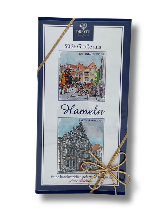 Alkoholfreie Pralinen „Süße Grüße aus Hameln“ – 125g Geschenkbox von Dreyer Confiserie.