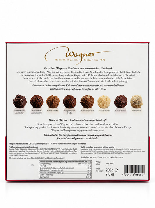 Rückseite der Trüffelpralinen Harmonie ohne Alkohol 200g von Wagner Pralinen mit acht Trüffelsorten, Zutatenliste, Allergenhinweisen und Nährwertangaben