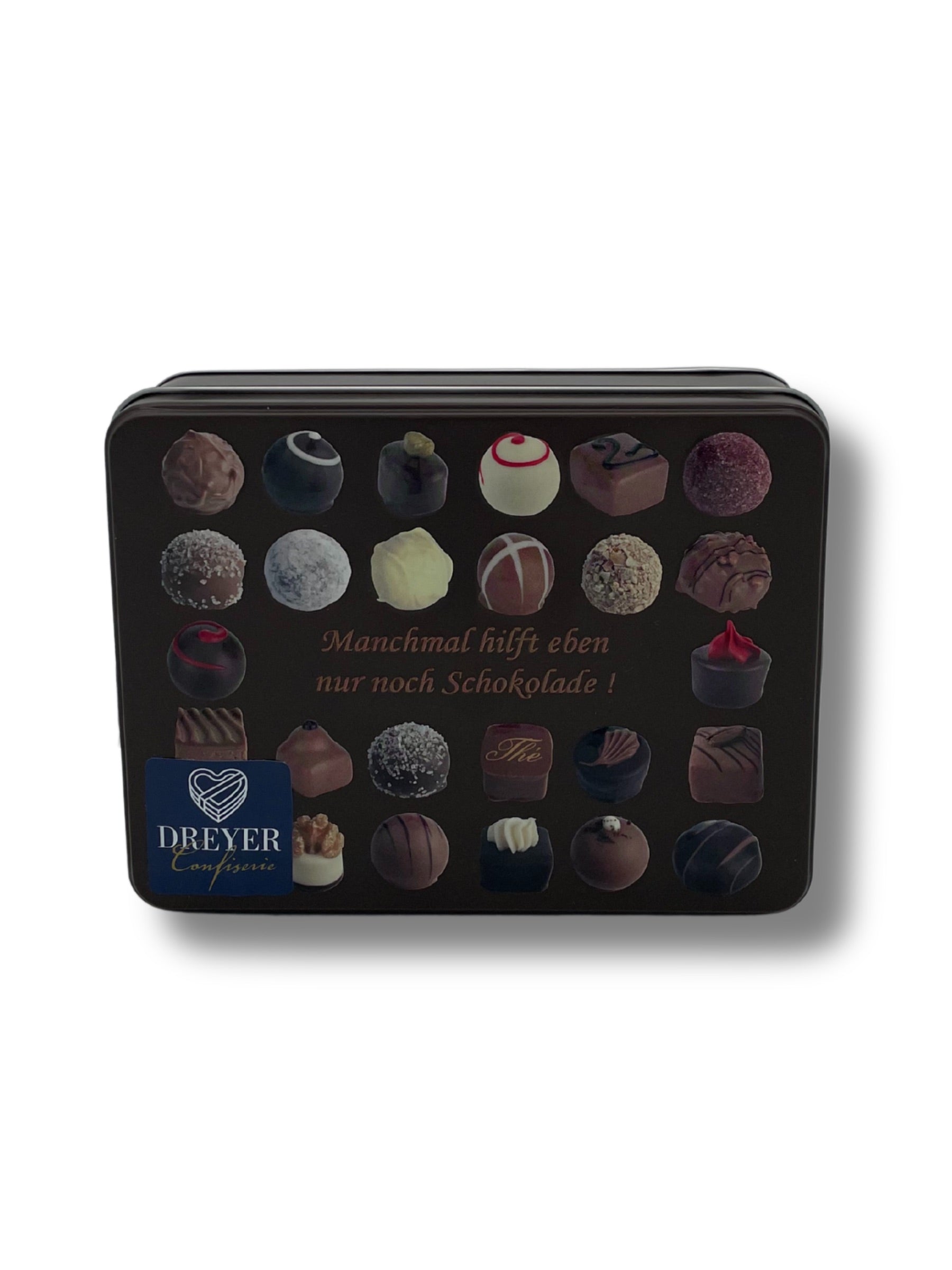 Präsentdose „Manchmal hilft eben nur noch Schokolade“ – Pralinen- und Trüffelmischung mit Alkohol von der Confiserie Rabbel.