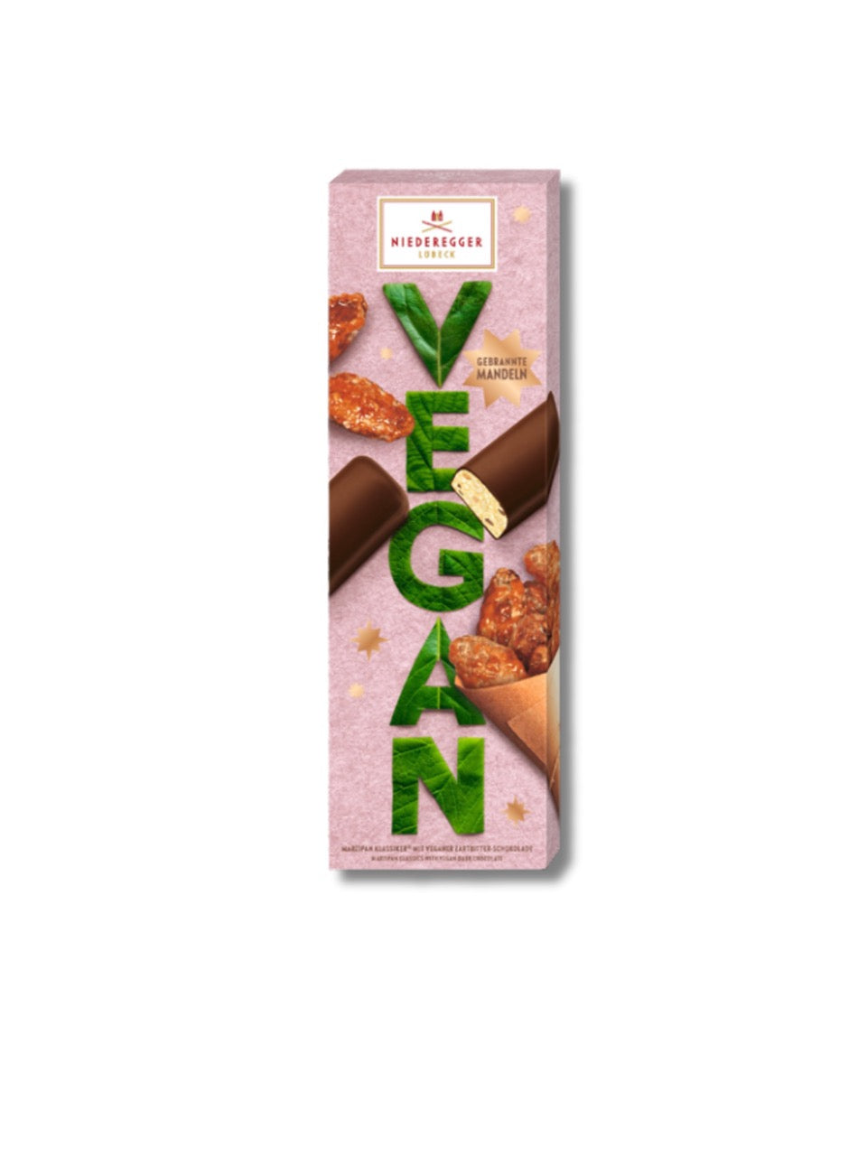 Niederegger VEGAN Chocolate Gebrannte Mandeln 100 g – vegane Pralinen mit Gewürz-Kakaocreme in Zartbitterschokolade, erhältlich bei Dreyer Confiserie Hameln.
