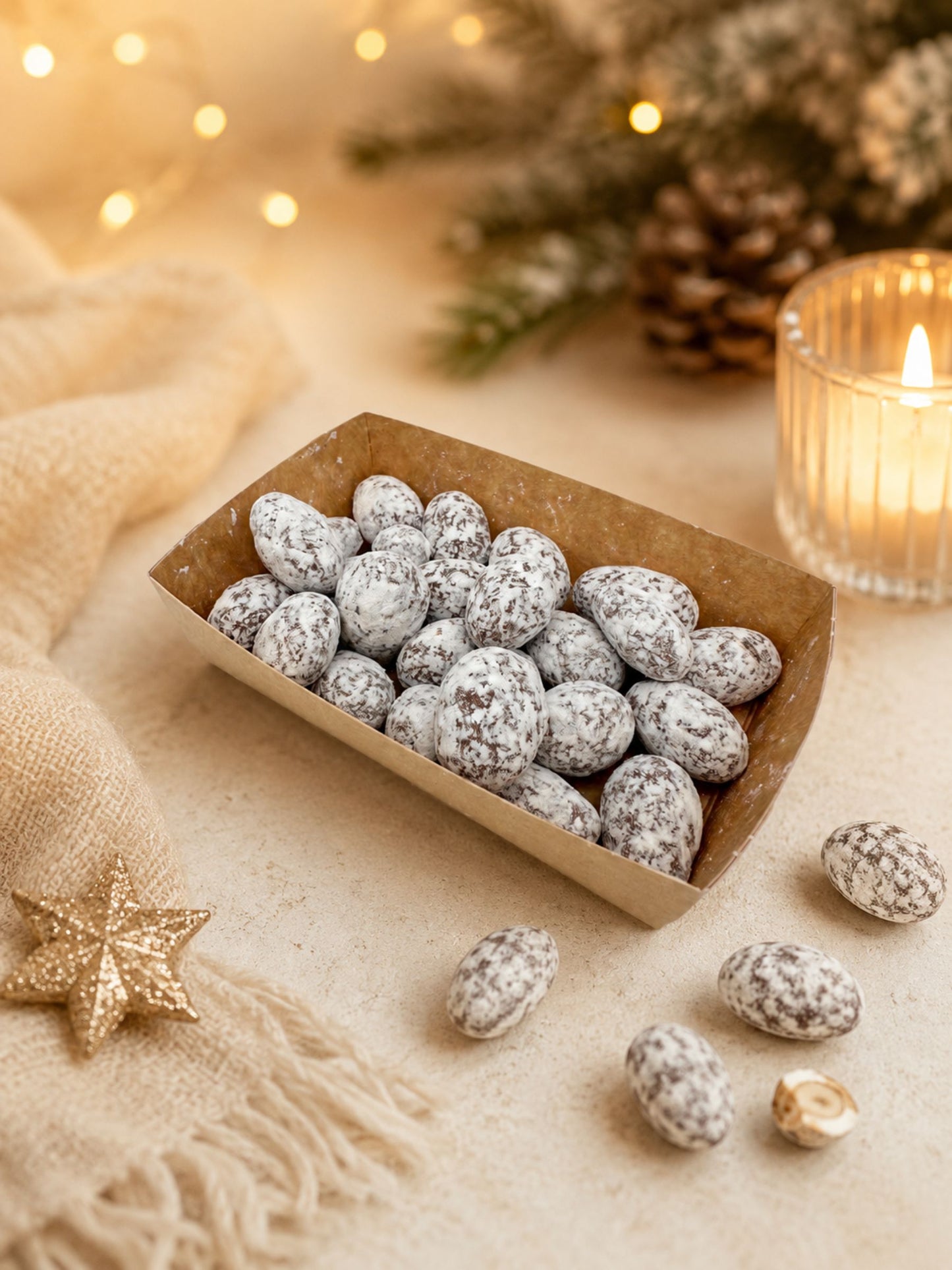 Verkaufsbild Zimt-Nougat Winter-Mandeln 125g auf weihnachtlich dekoriertem Tisch