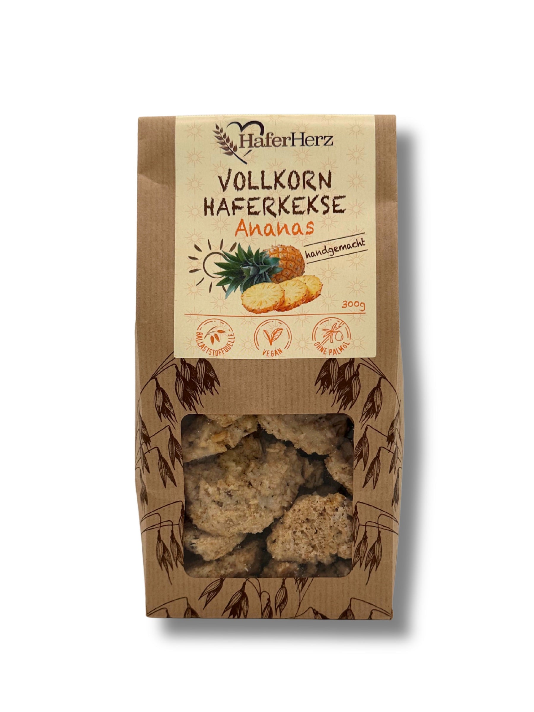 Veganer Vollkorn-Haferkeks mit getrockneter Ananas von HaferHerz in 300 g-Packung – erhältlich in der Dreyer Confiserie in der Rattenfängerstadt Hameln.