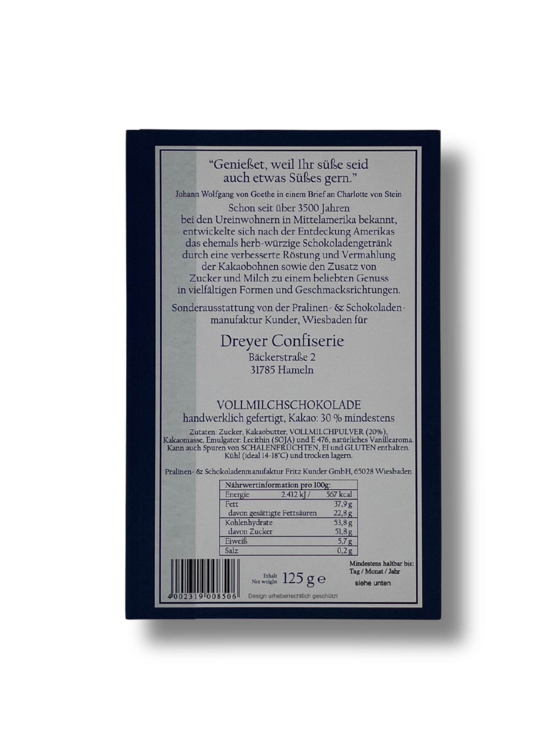 Dreyer Confiserie Feine Vollmilchschokolade 125g – Handgefertigte Tafel aus Hameln mit Goethe-Zitat und 30 % Kakao