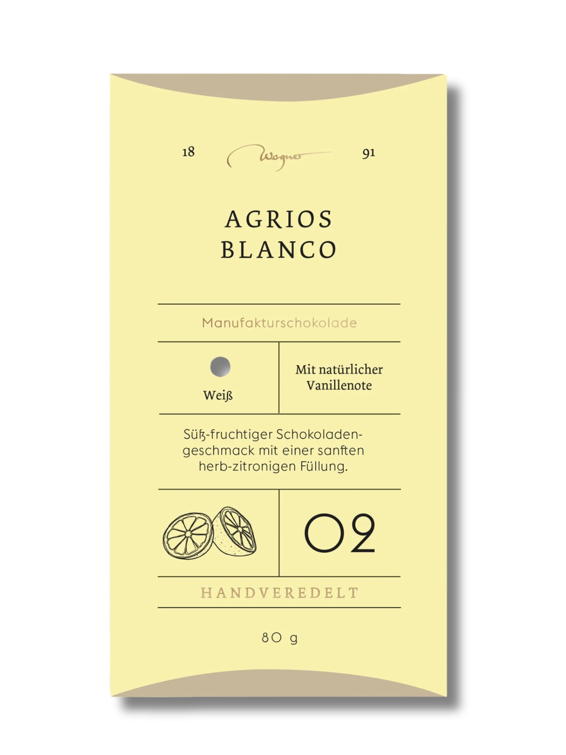 Wagner Manufakturschokolade Agrios Blanco – weiße Schokolade mit fruchtiger Zitrusfüllung, handgeschöpft, erhältlich in der Dreyer Confiserie in der Rattenfängerstadt Hameln.