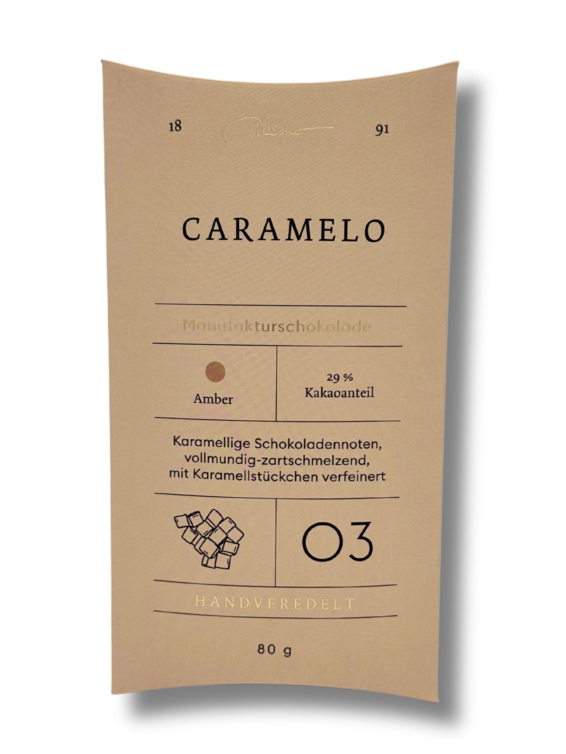 Wagner Manufakturschokolade Caramelo – Amber-Schokolade mit Karamellstückchen, handgeschöpft, erhältlich in der Dreyer Confiserie in der Rattenfängerstadt Hameln.