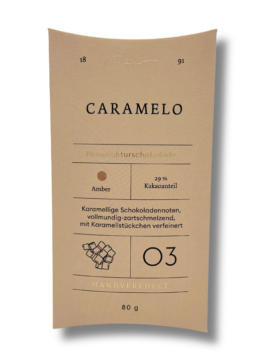 Wagner Manufakturschokolade Caramelo – Amber-Schokolade mit Karamellstückchen, handgeschöpft, erhältlich in der Dreyer Confiserie in der Rattenfängerstadt Hameln.
