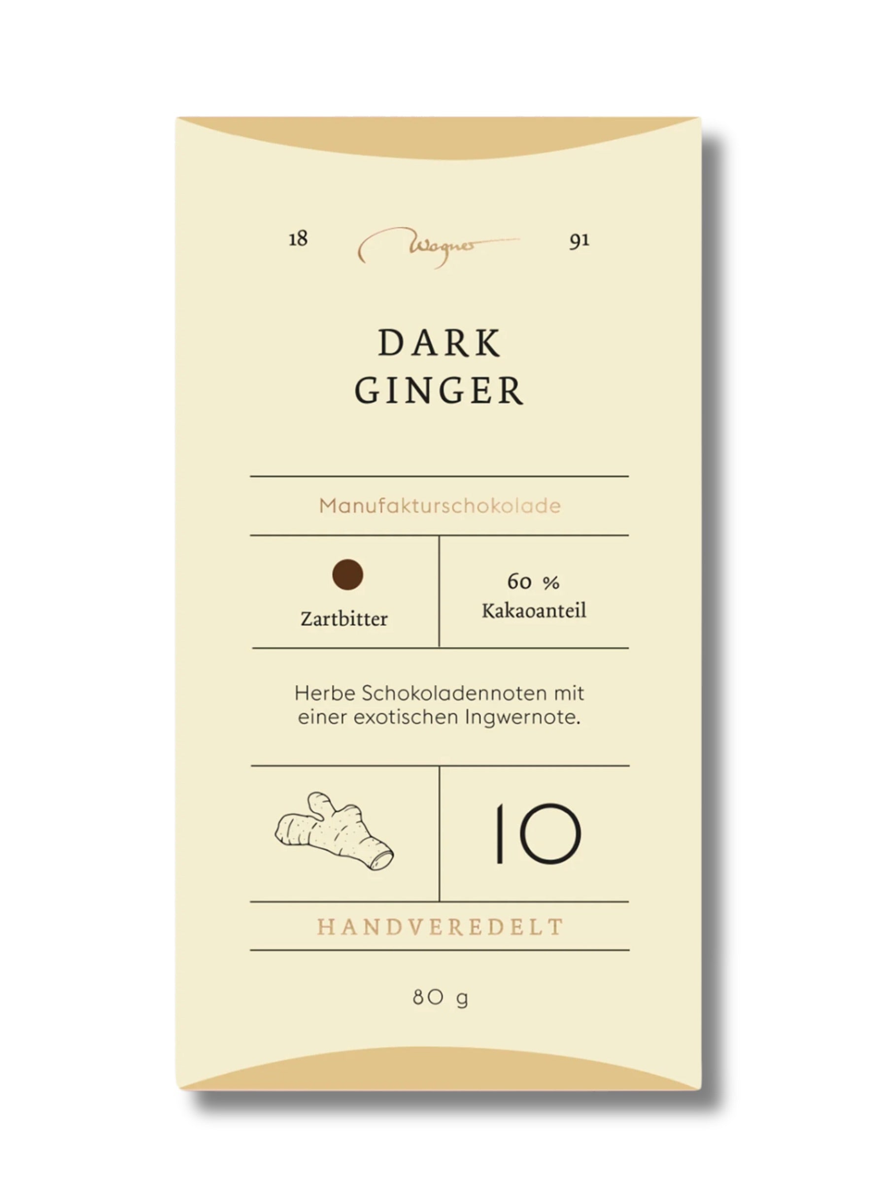 Wagner Manufakturschokolade Dark Ginger – Zartbitterschokolade mit natürlichem Ingweraroma, handgeschöpft, erhältlich in der Dreyer Confiserie in der Rattenfängerstadt Hameln.