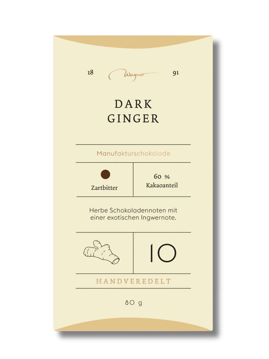 Wagner Manufakturschokolade Dark Ginger – Zartbitterschokolade mit natürlichem Ingweraroma, handgeschöpft, erhältlich in der Dreyer Confiserie in der Rattenfängerstadt Hameln.