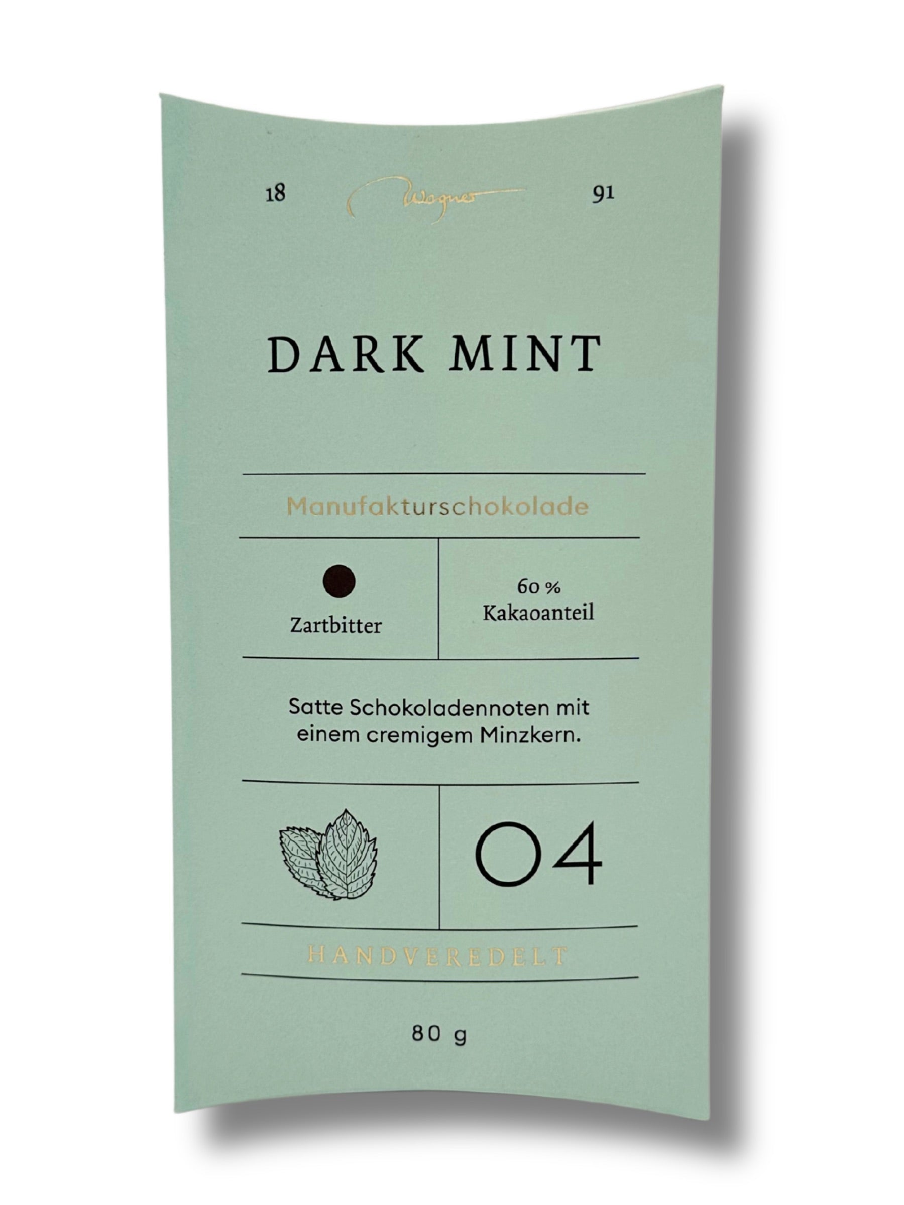 Wagner Manufakturschokolade Dark Mint – Zartbitterschokolade mit cremigem Minzkern, handgeschöpft in Deutschland, erhältlich in der Dreyer Confiserie in der Rattenfängerstadt Hameln.