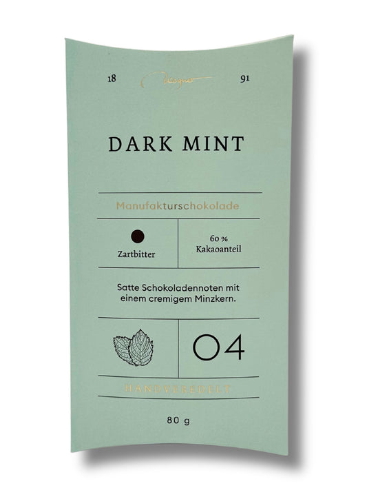 Wagner Manufakturschokolade Dark Mint – Zartbitterschokolade mit cremigem Minzkern, handgeschöpft in Deutschland, erhältlich in der Dreyer Confiserie in der Rattenfängerstadt Hameln.