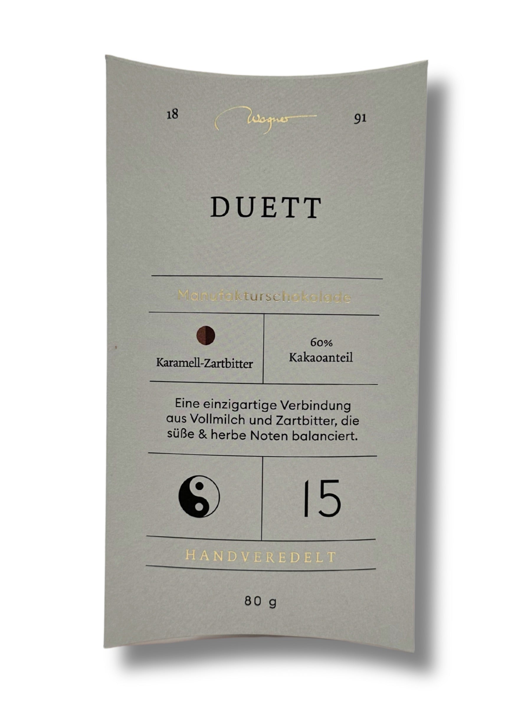 Wagner Manufakturschokolade Duett – Karamell-Zartbitterschokolade mit 60 % Kakao, handgeschöpft, erhältlich in der Dreyer Confiserie in der Rattenfängerstadt Hameln.