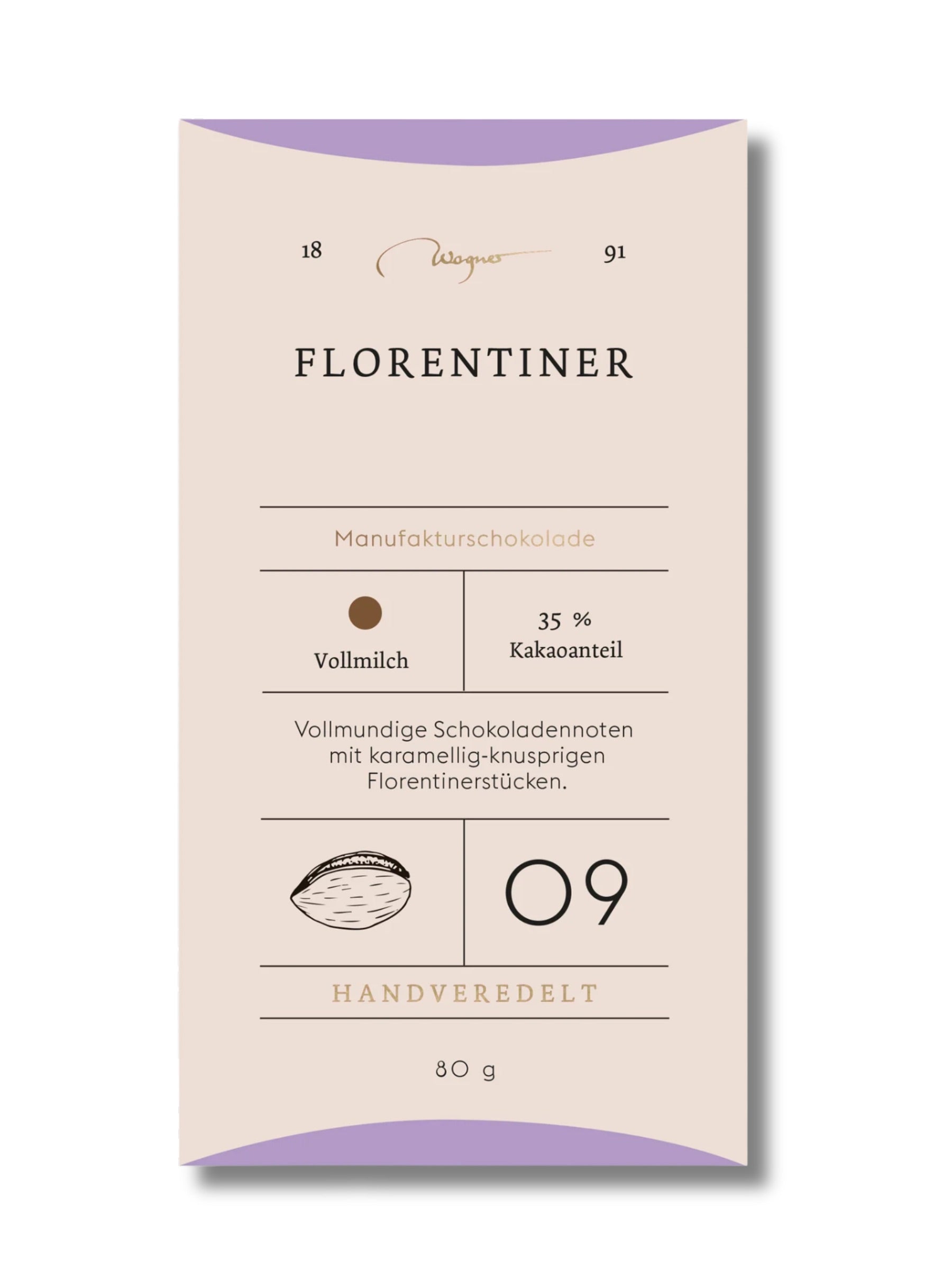 Wagner Manufakturschokolade Florentiner – Vollmilchschokolade mit karamellisierten Mandelflorentinern, handgeschöpft, erhältlich in der Dreyer Confiserie in der Rattenfängerstadt Hameln.