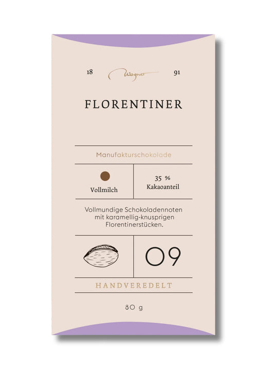Wagner Manufakturschokolade Florentiner – Vollmilchschokolade mit karamellisierten Mandelflorentinern, handgeschöpft, erhältlich in der Dreyer Confiserie in der Rattenfängerstadt Hameln.