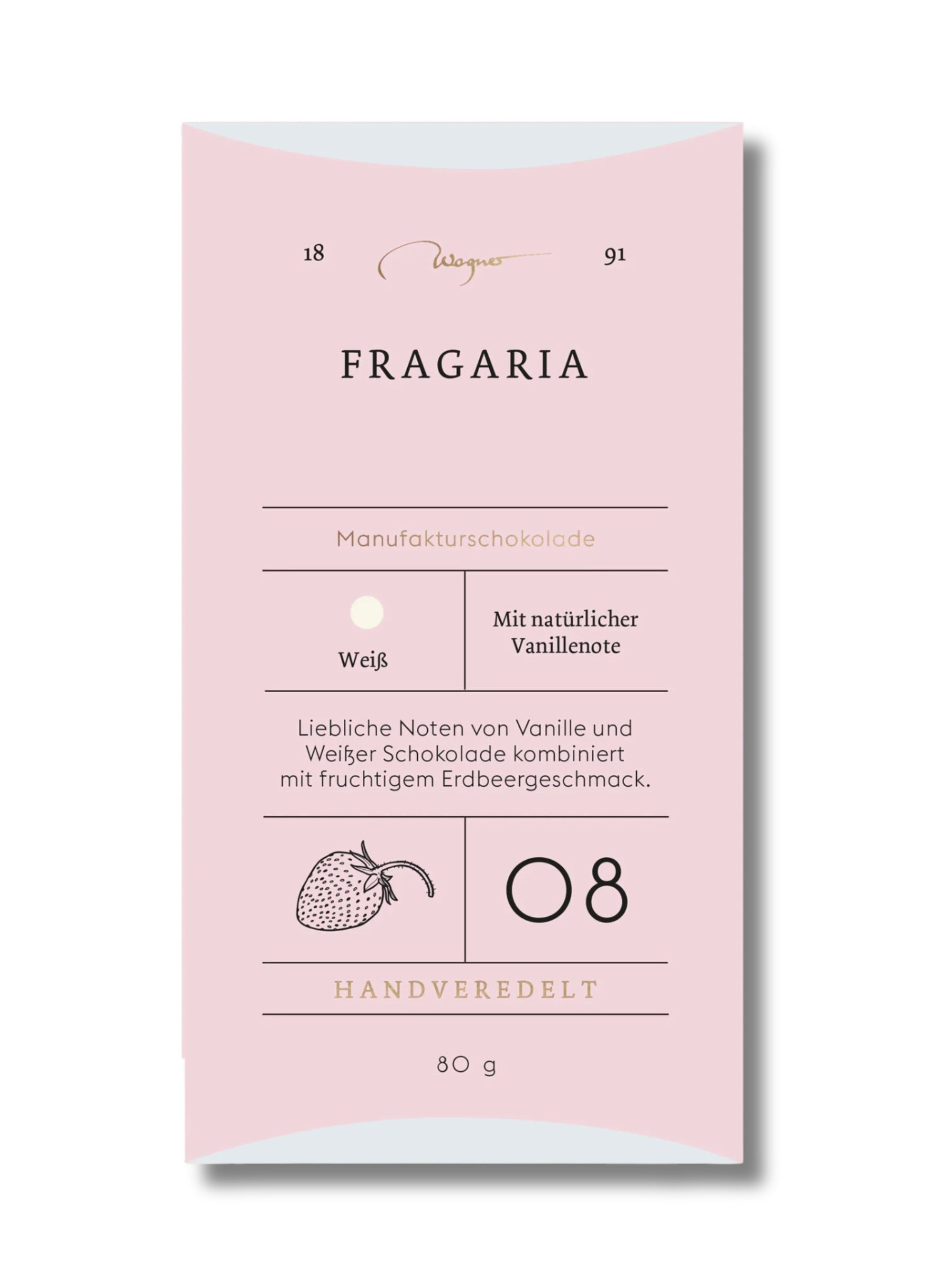 Wagner Manufakturschokolade Fragaria – weiße Schokolade mit Erdbeeren, handgeschöpft, erhältlich in der Dreyer Confiserie in der Rattenfängerstadt Hameln.