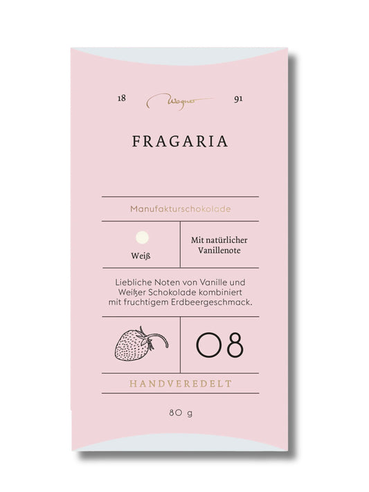 Wagner Manufakturschokolade Fragaria – weiße Schokolade mit Erdbeeren, handgeschöpft, erhältlich in der Dreyer Confiserie in der Rattenfängerstadt Hameln.