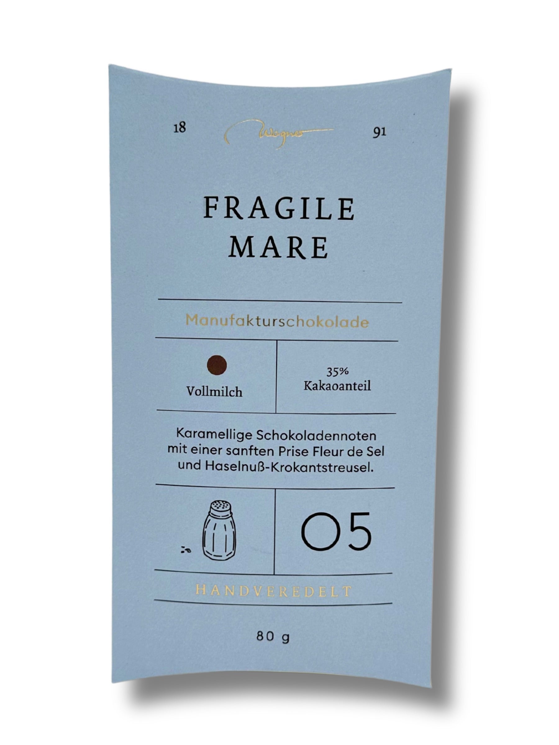 Wagner Manufakturschokolade Fragile Mare – Vollmilchschokolade mit Haselnuss-Krokant und Fleur de Sel, handgeschöpft, erhältlich in der Dreyer Confiserie in der Rattenfängerstadt Hameln.