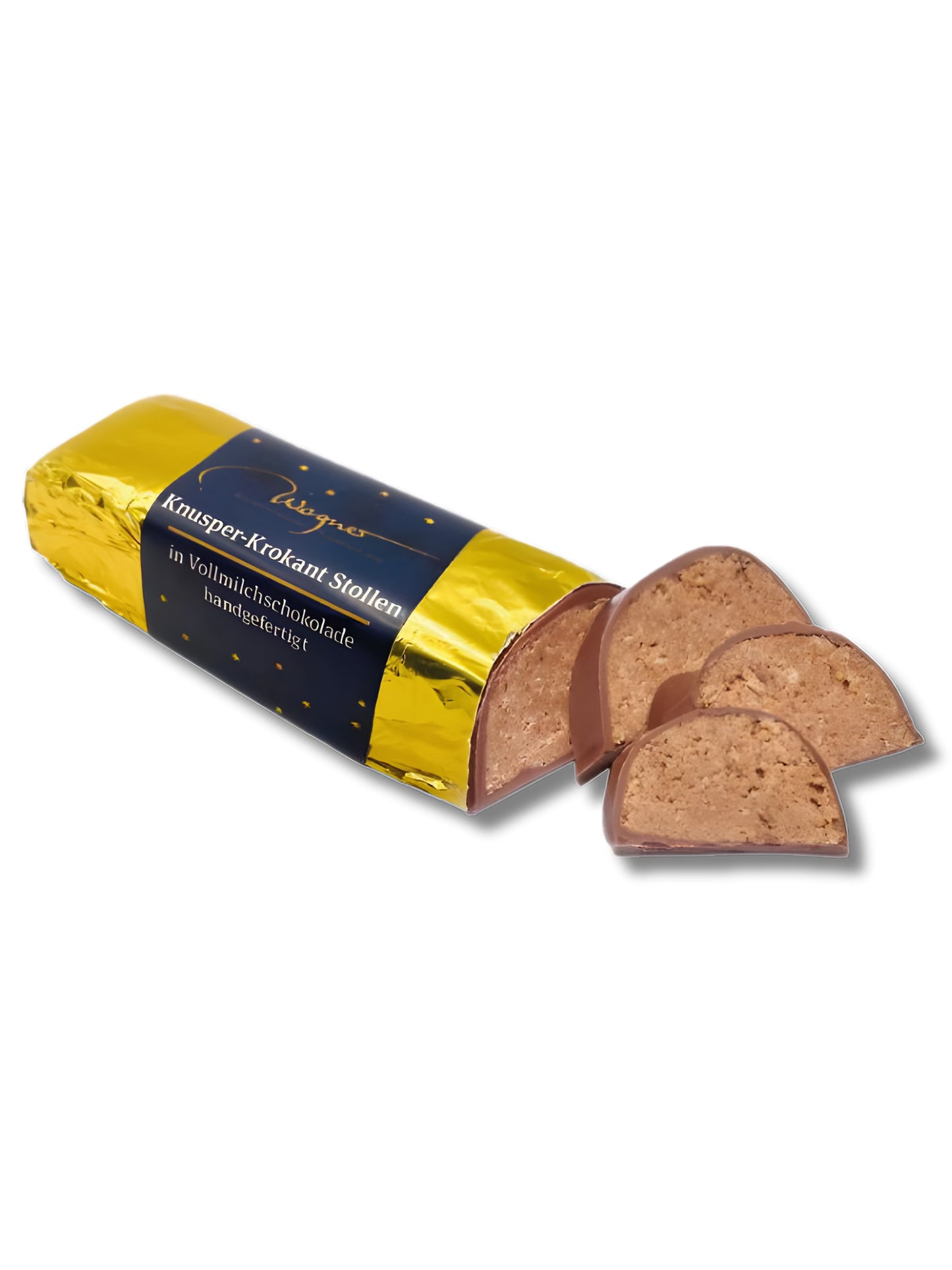 Wagner Pralinen Knusperkrokantstollen 125 g – feiner Haselnussnougat mit Mandeln, Rosinen, Cashew- und Walnüssen, umhüllt von Vollmilchschokolade, erhältlich in der Dreyer Confiserie in der Rattenfängerstadt Hameln.
