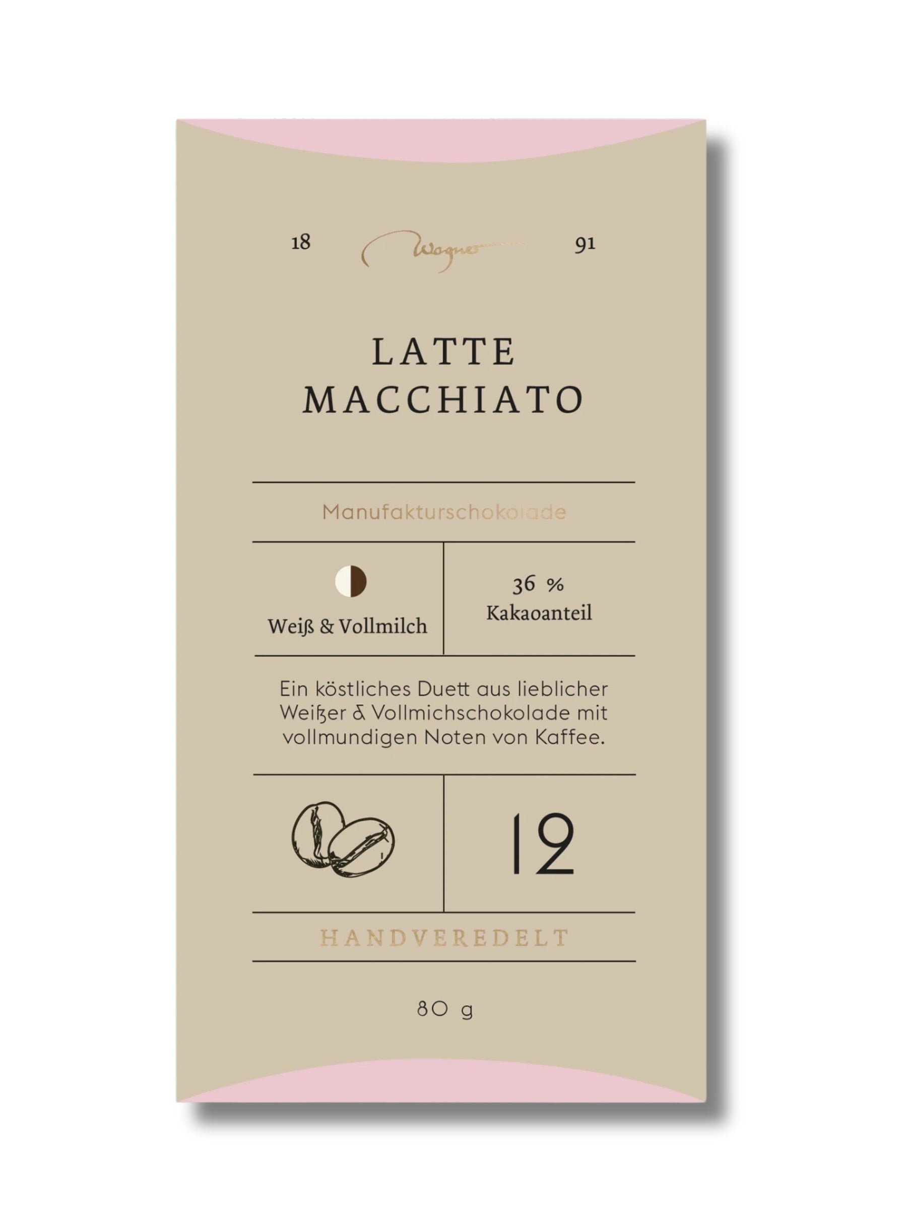 Wagner Manufakturschokolade Latte Macchiato – weiße und Vollmilchschokolade mit Kaffee, handgeschöpft, erhältlich in der Dreyer Confiserie in der Rattenfängerstadt Hameln.