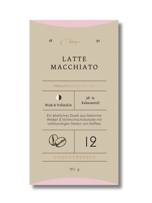 Wagner Manufakturschokolade Latte Macchiato – weiße und Vollmilchschokolade mit Kaffee, handgeschöpft, erhältlich in der Dreyer Confiserie in der Rattenfängerstadt Hameln.