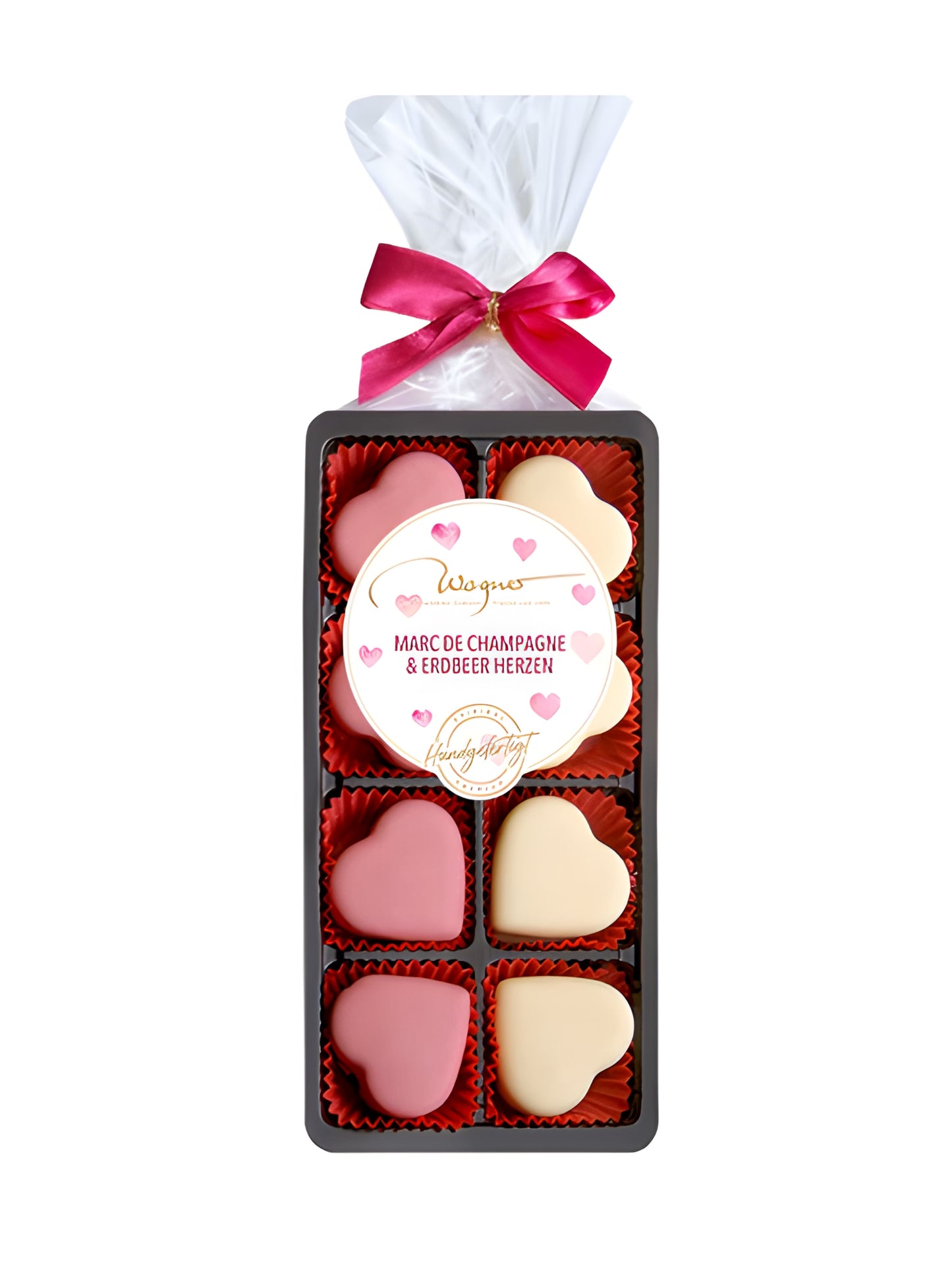 Wagner Pralinen Erdbeer & Marc de Champagne Herzen 100g, Herzpralinen mit Erdbeerfüllung und Marc de Champagne, Blisterverpackung erhältlich in der Dreyer Confiserie Hameln.